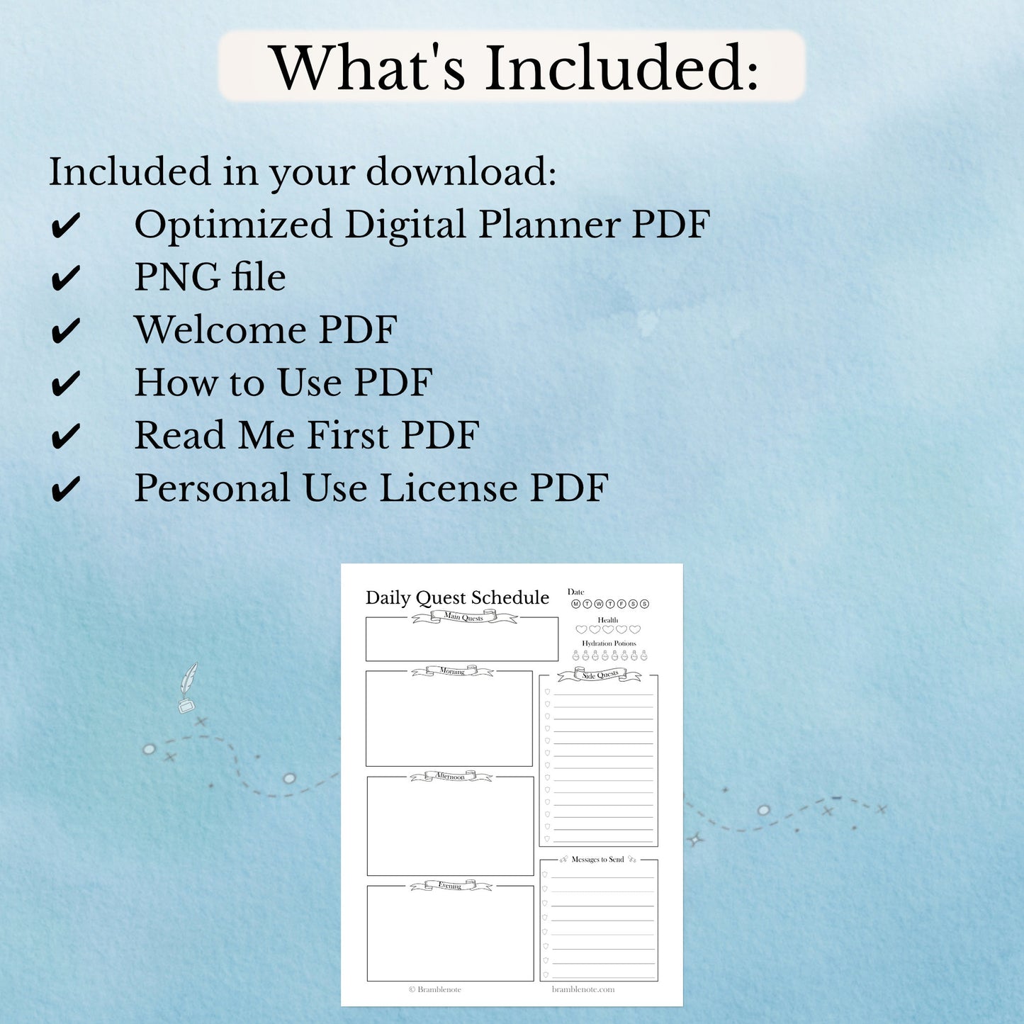 List of included files for a fantasy digital daily planner download on a blue background with a sample page.