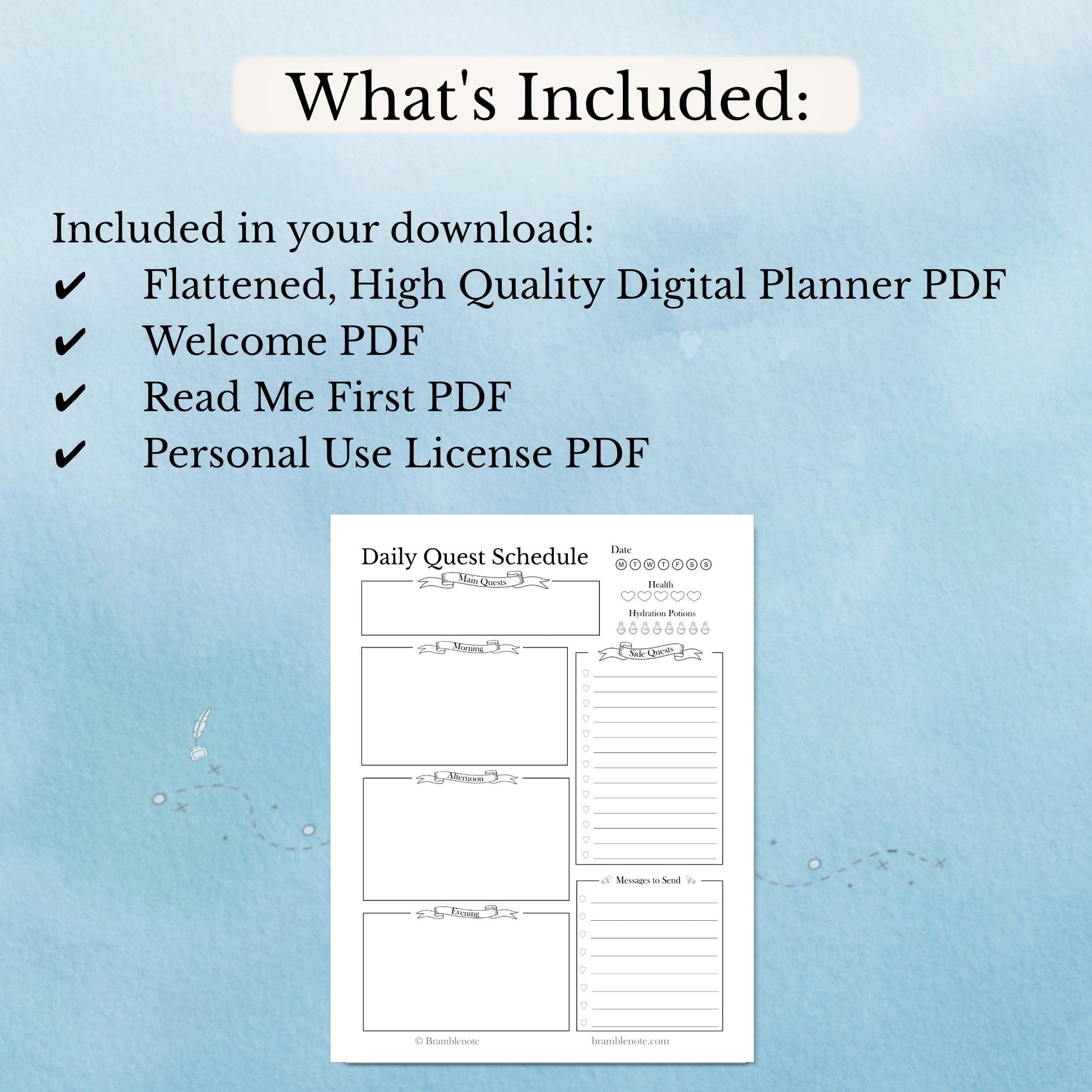 List of included items for a fantasy digital planner download pdf for reMarkable on a light blue background with a sample page.
