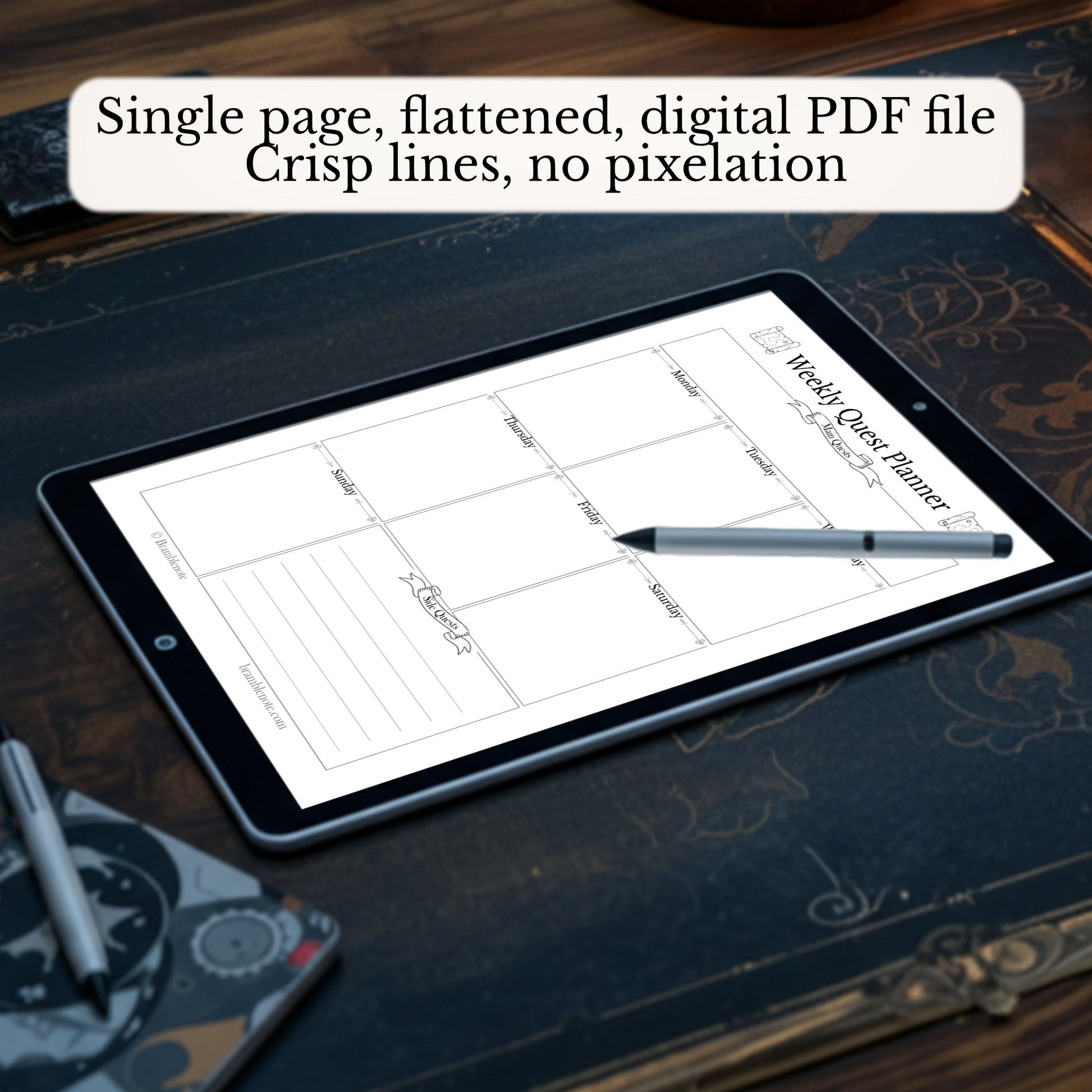 Digital weekly quest planner on a tablet with a pen on a wooden surface