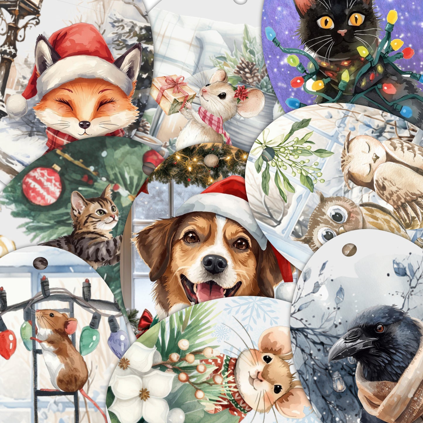 Collage of winter holiday animal themed printable gift tags