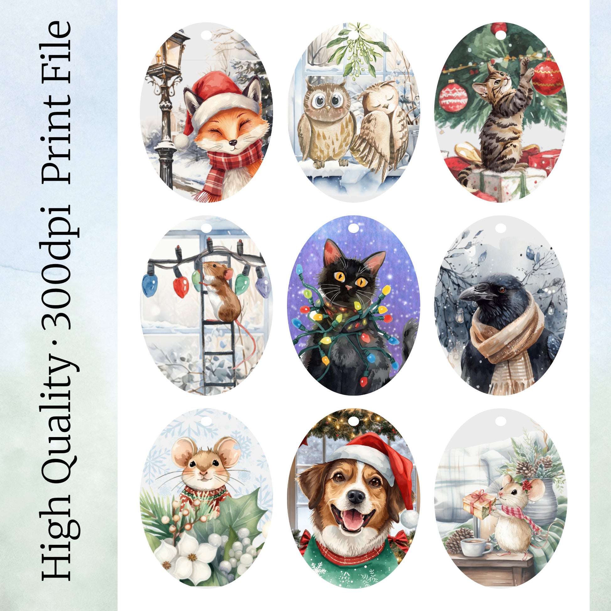Collection of oval-shaped Christmas-themed gift tags featuring animals on a light blue background.