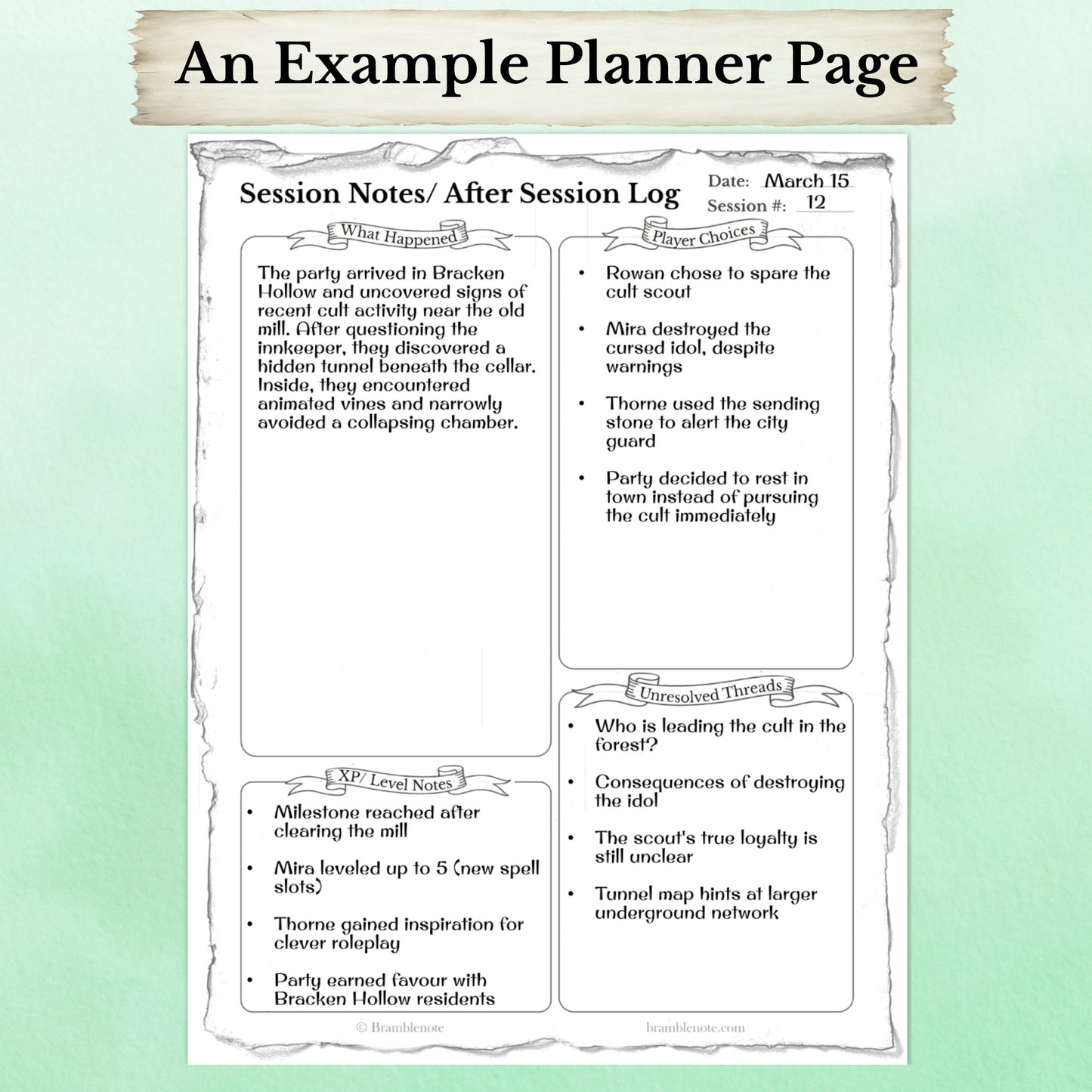 A filled out example of the Session Notes page that is included in the tabletop RPG campaign planner