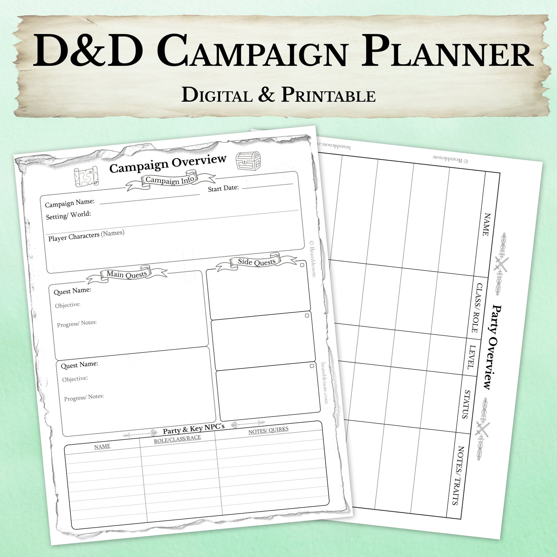 Two pages of a D&D campaign planner that is printable and digital for dungeon masters