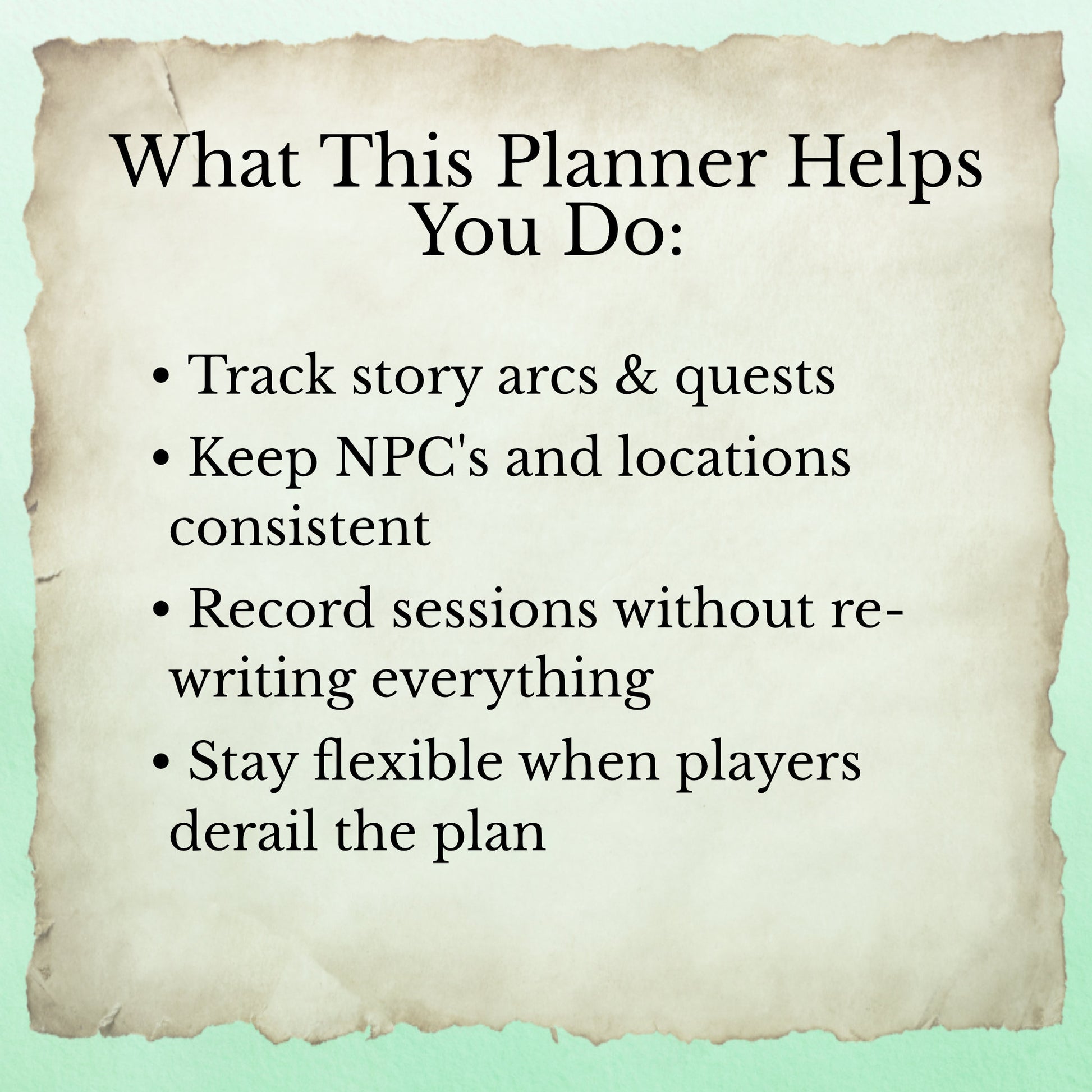 A list of what the printable D&D Campaign Planner helps dungeon masters do