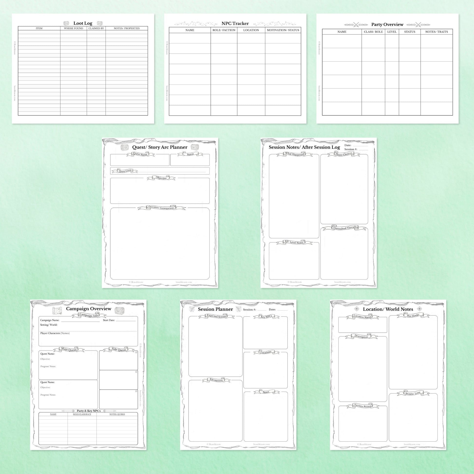 A visual representation of the 8 unique pages inside the D&D campaign planner