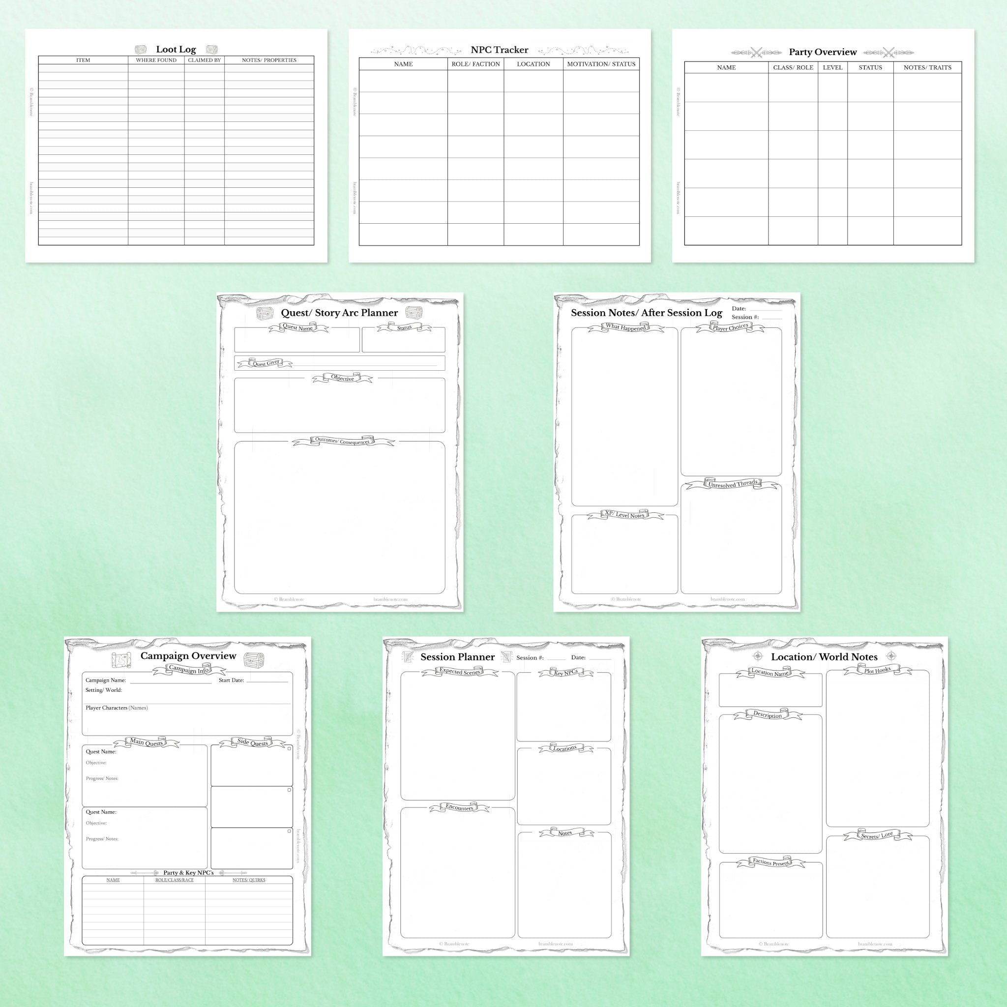 A visual representation of the 8 unique pages inside the D&D campaign planner