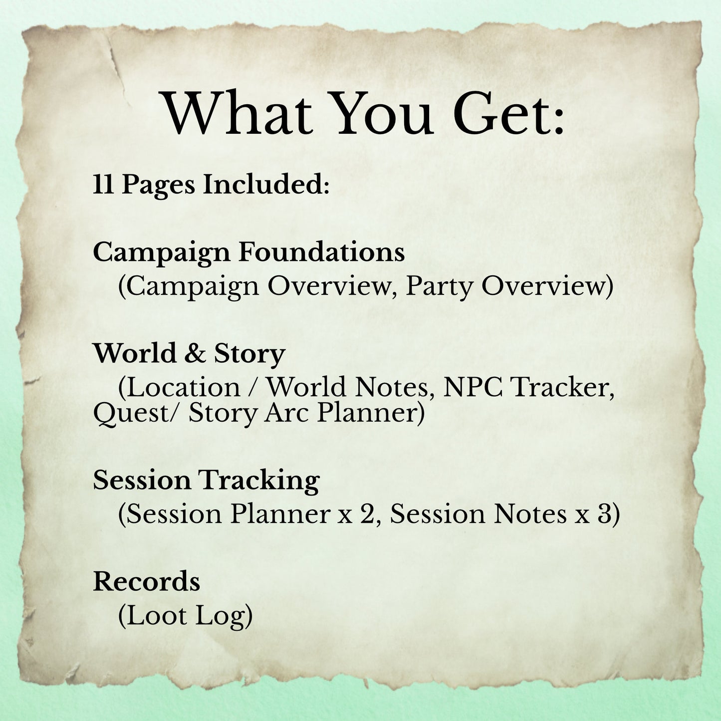 A list of what is included inside the tabletop RPG campaign planner 