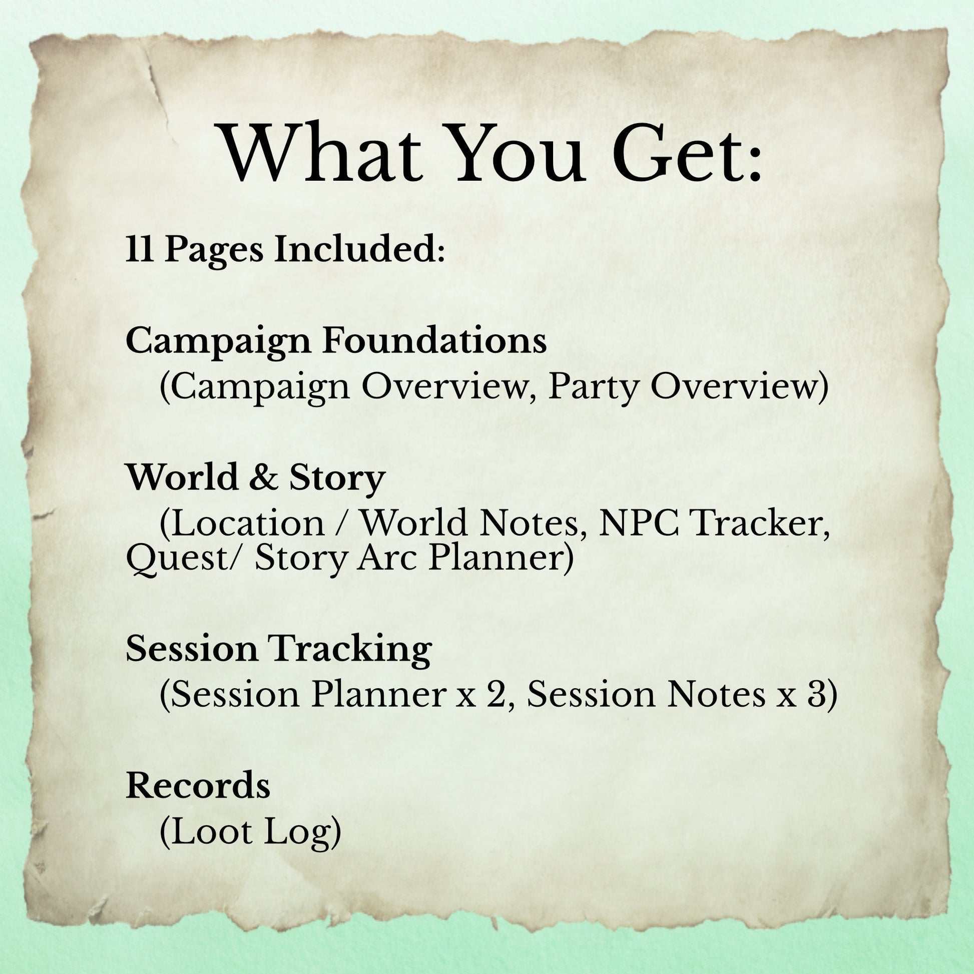 A list of what is included inside the tabletop RPG campaign planner 