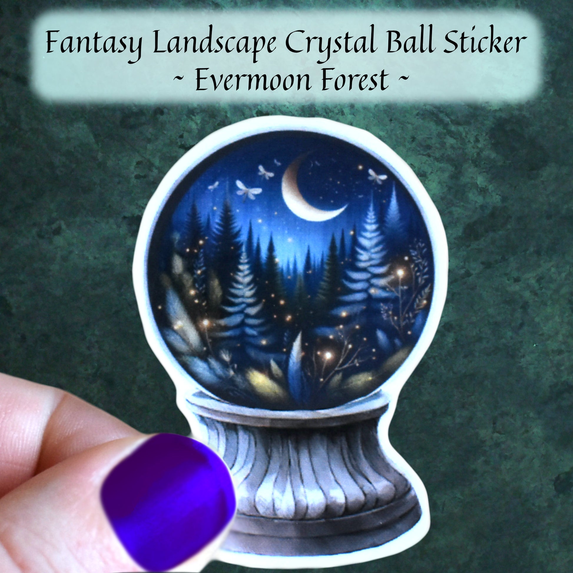 Evermoon Forest fantasy crystal ball sticker with moonlit trees and fairy lights