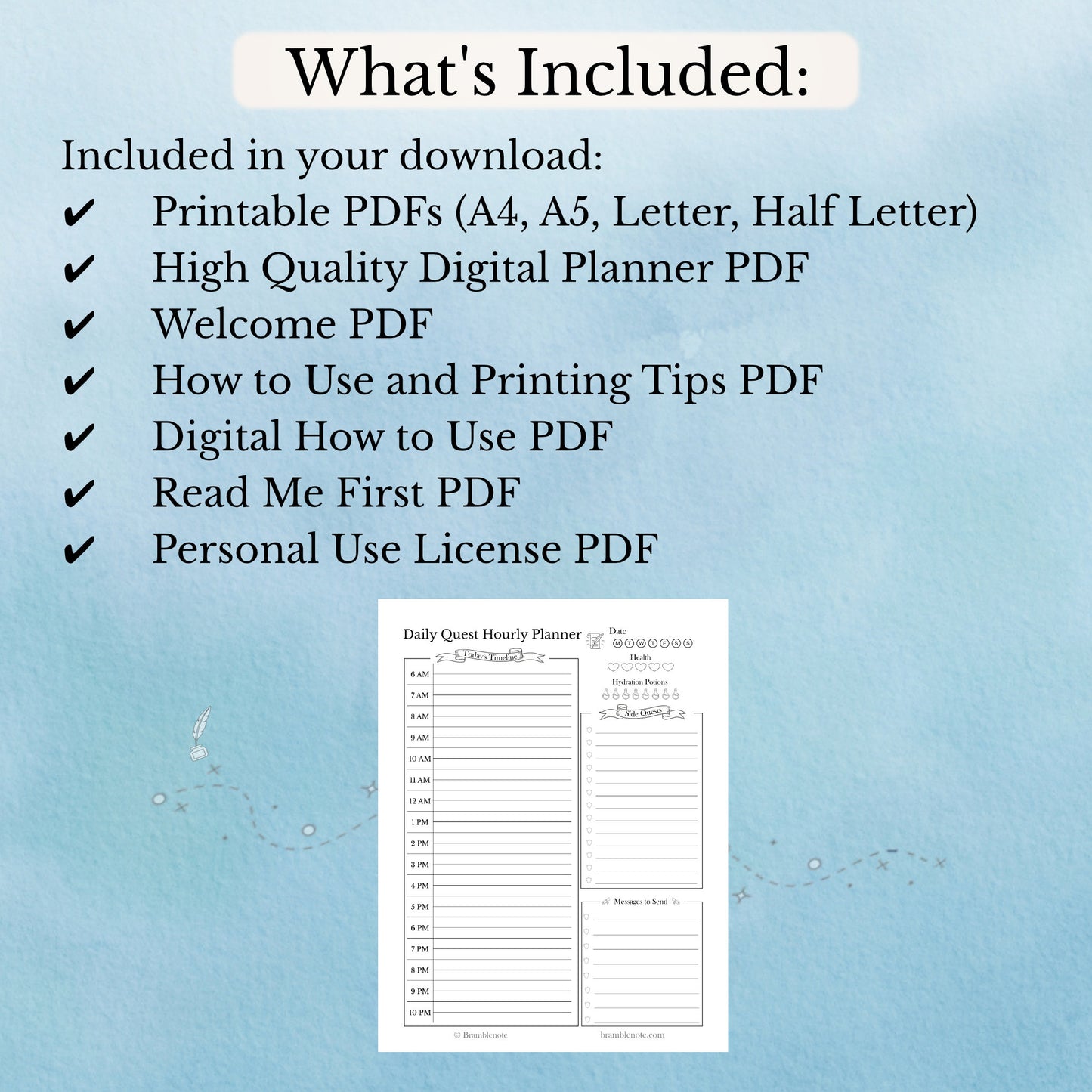 A list of what's included in the download of printable and digital fantasy hourly planner bundle