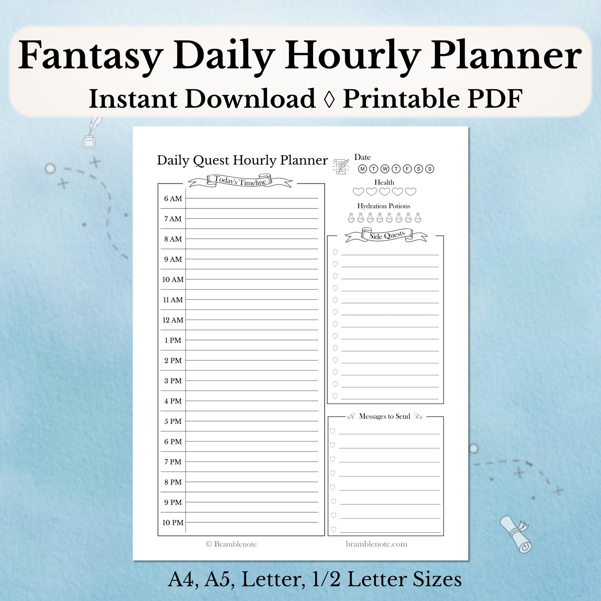 Fantasy Daily Hourly Planner with hourly time-blocking slots on a light blue background