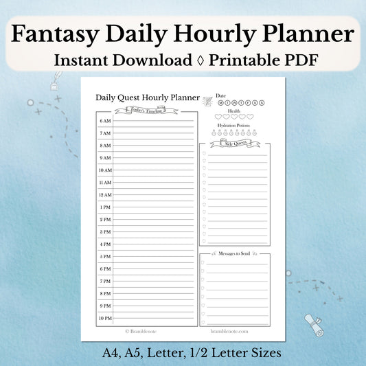 Fantasy Daily Hourly Planner with hourly time-blocking slots on a light blue background