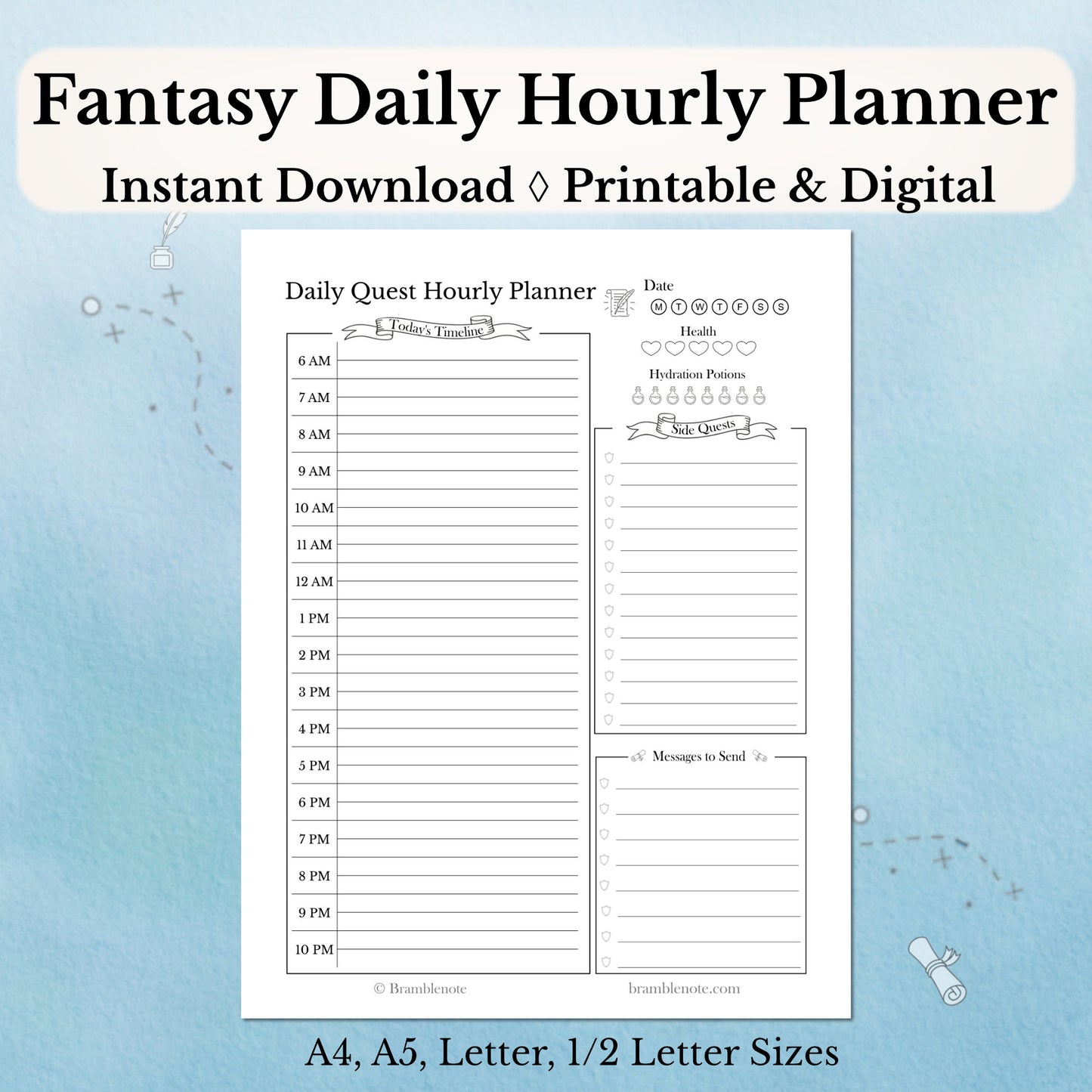 Fantasy Daily Hourly Planner bundle 0with hourly time slots on a light blue background