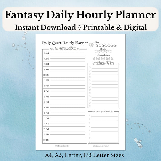 Fantasy Daily Hourly Planner bundle 0with hourly time slots on a light blue background