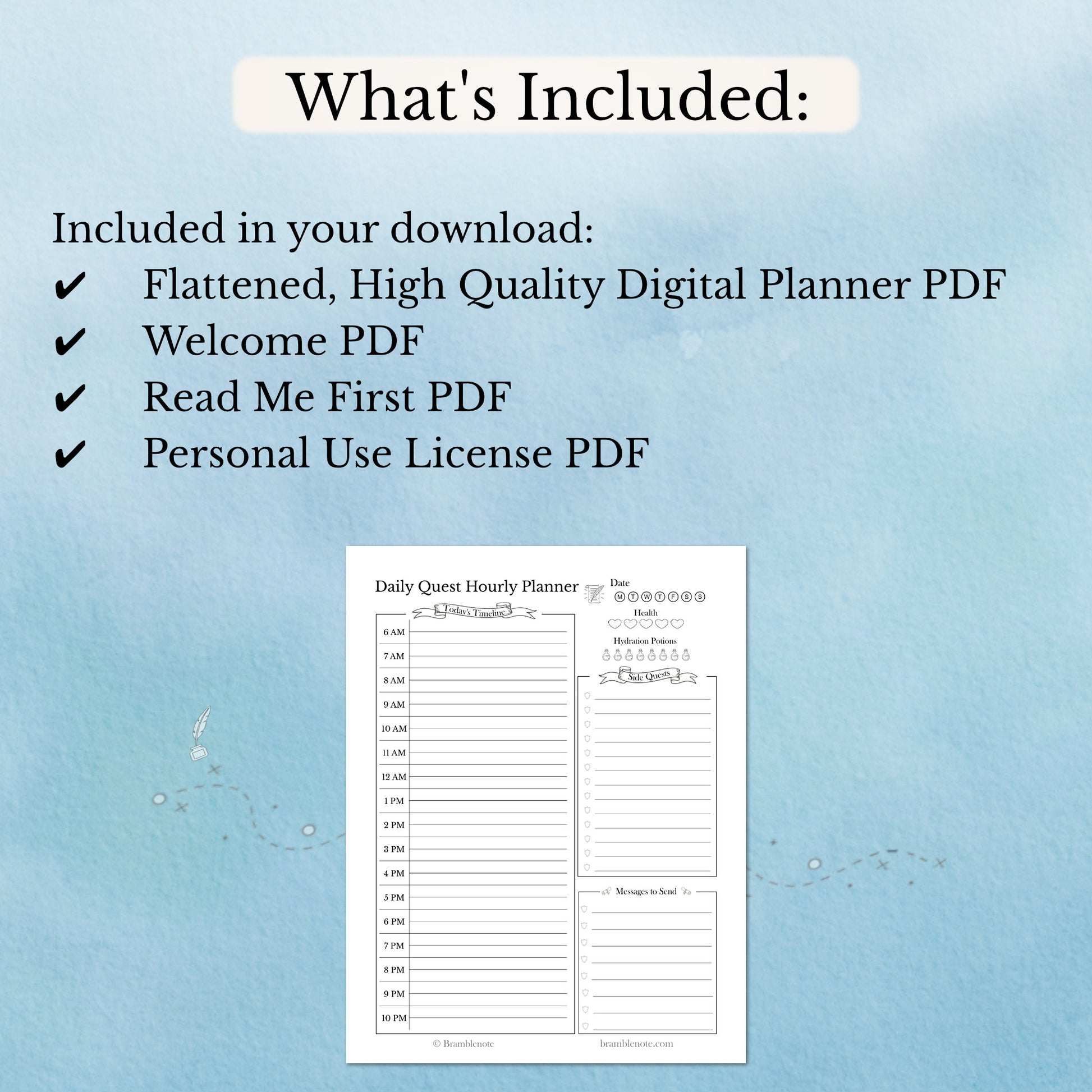 List of what's included in the download for the Digital Fantasy Hourly Planner PDF for remarkable.