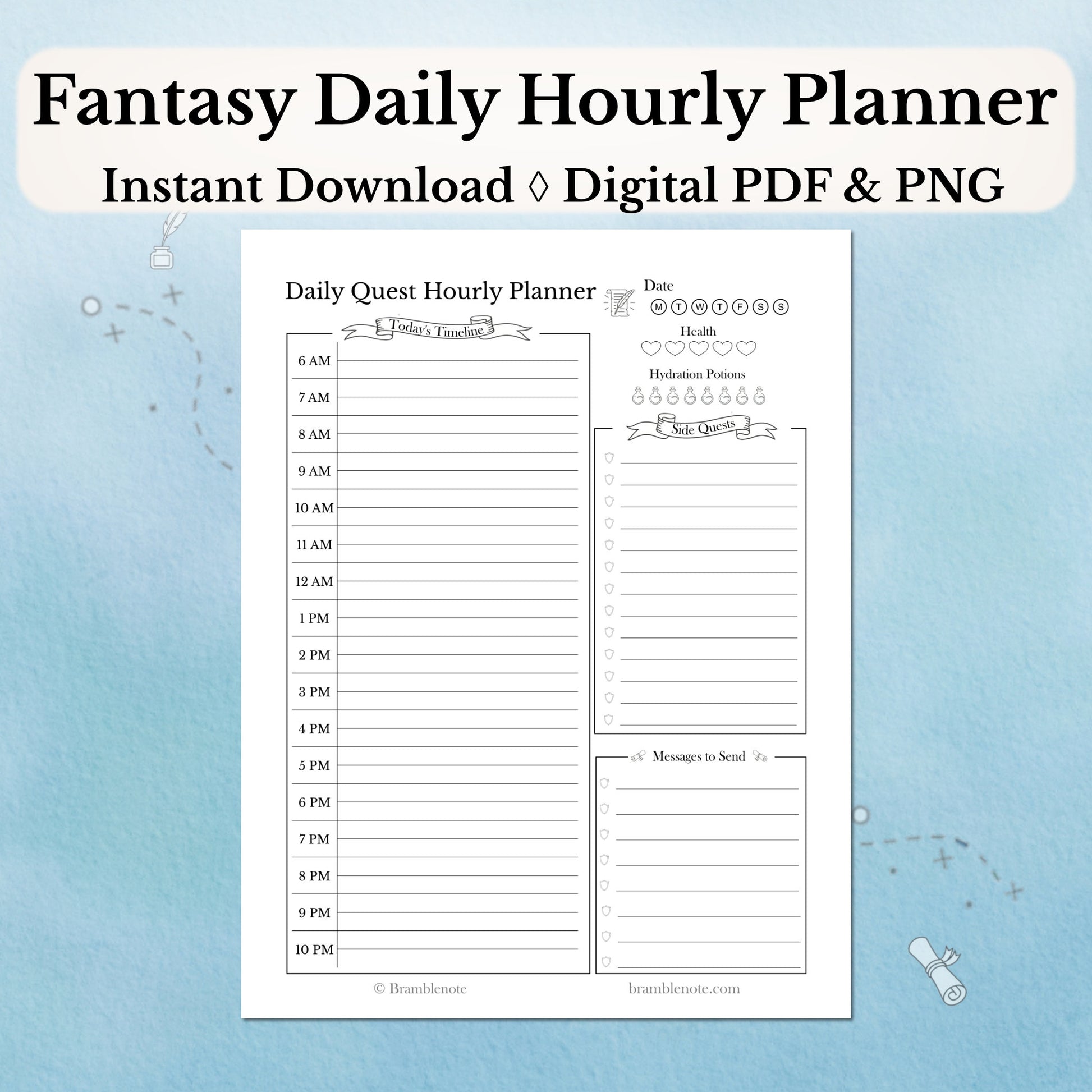 Fantasy Hourly Digital Daily Planner on a light blue background