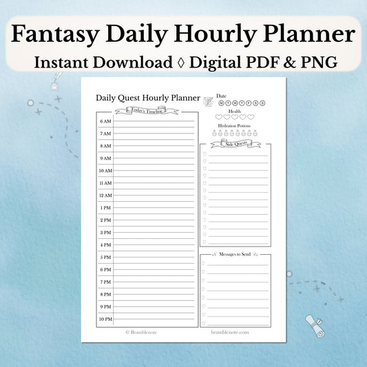 Fantasy Hourly Digital Daily Planner on a light blue background