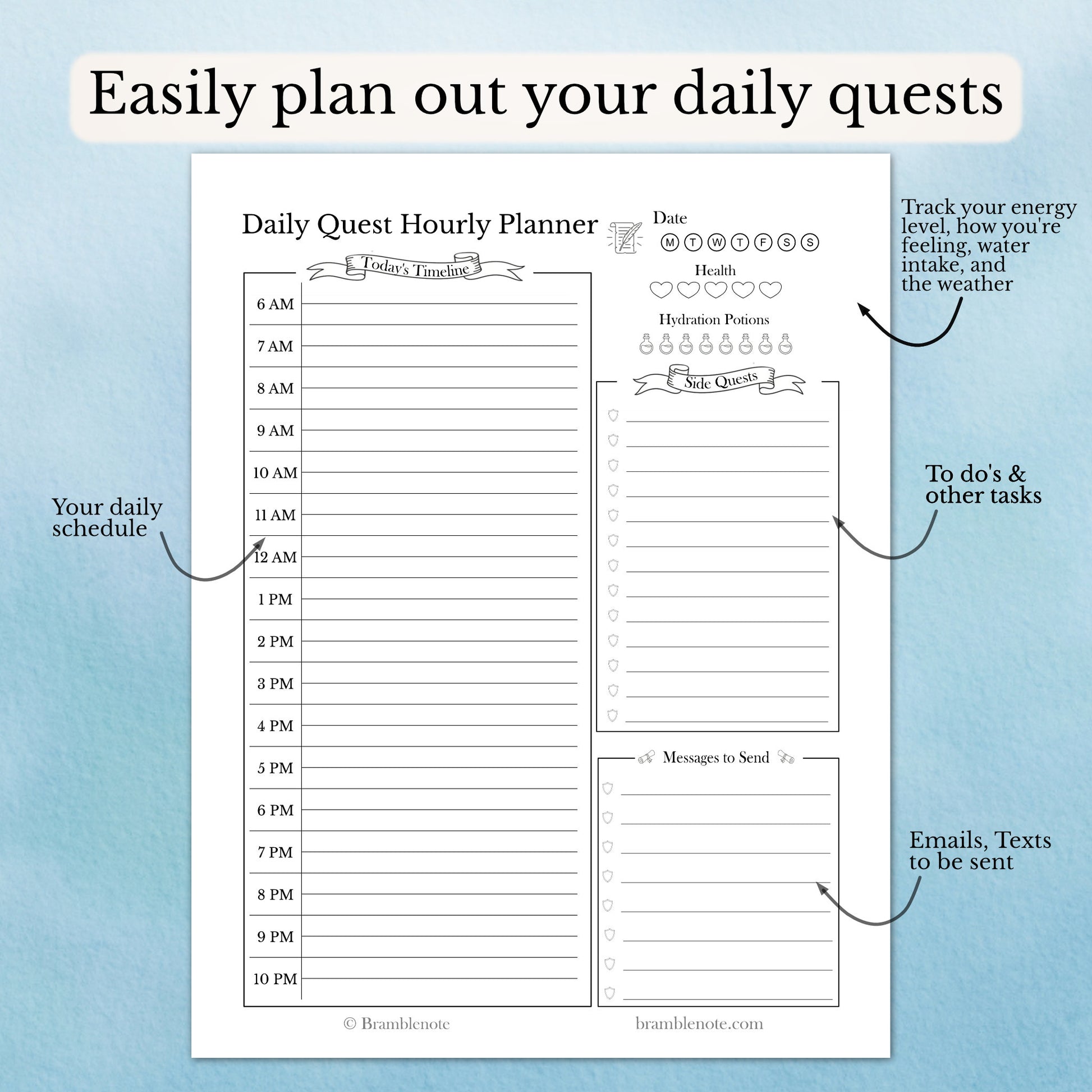 Daily Quest Hourly Planner with schedule section, messages and to do section  on a light blue background