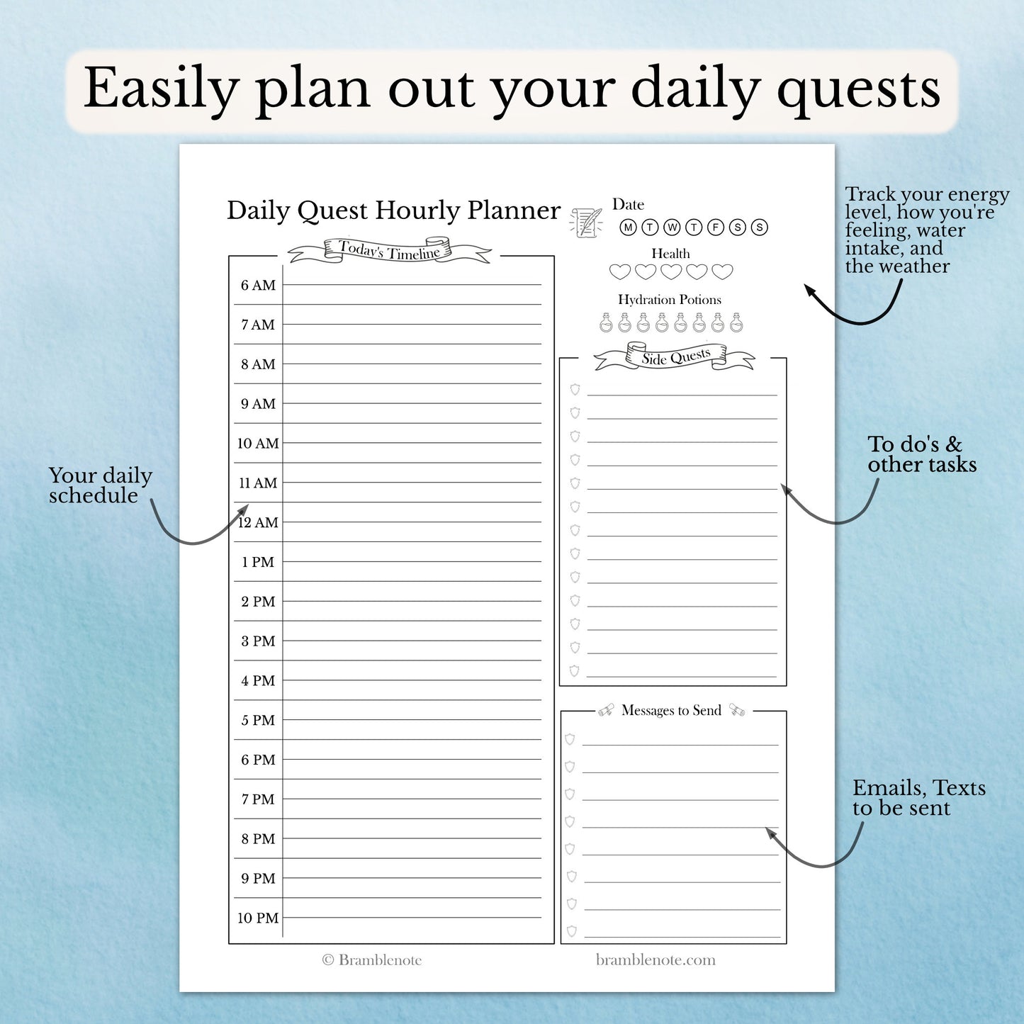 Daily Quest Hourly Planner with time slots and to-do list on a light blue background