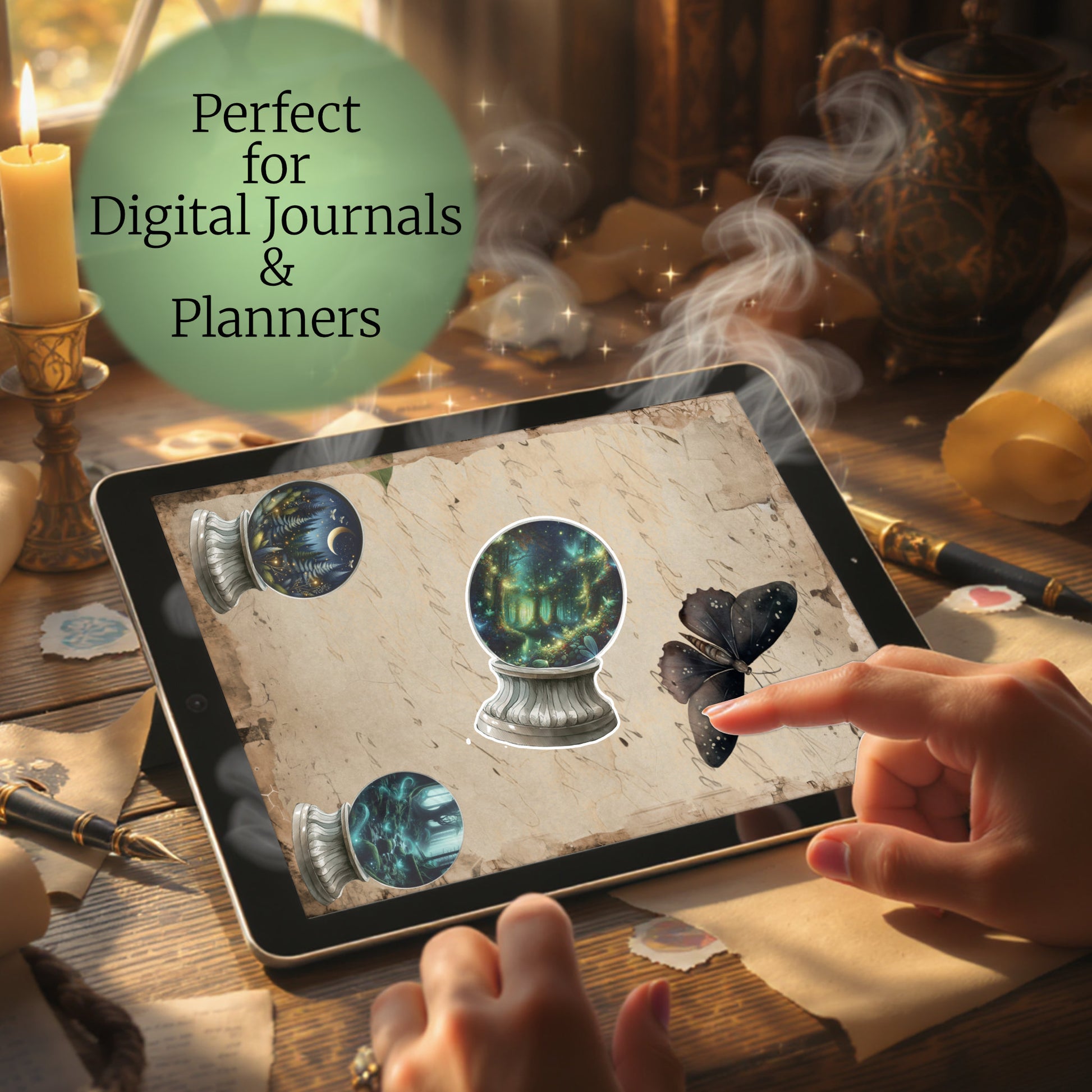 Person adding fantasy crystal ball digital stickers to a digital journal on a tablet on a wooden table with candles and books.