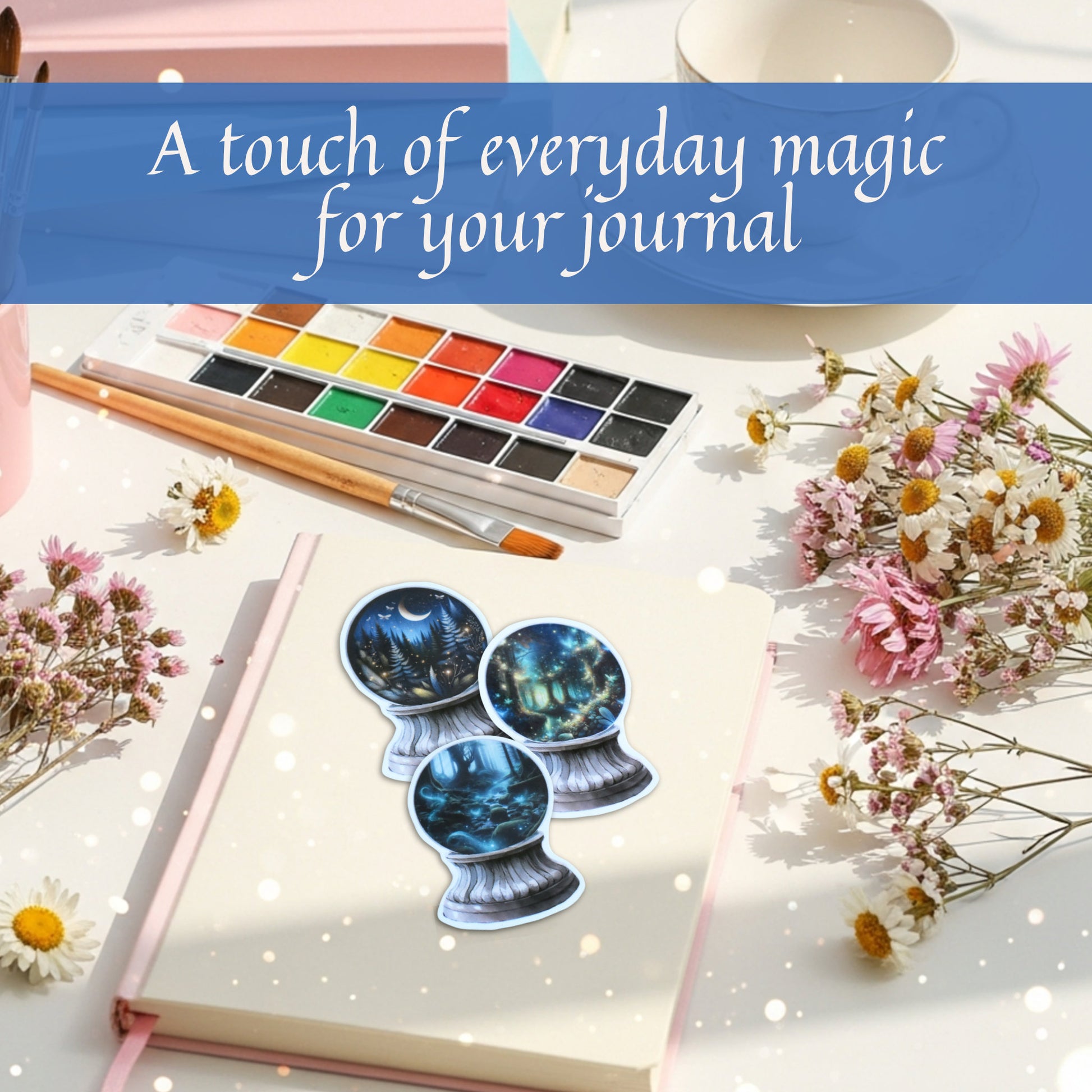 Set of 3 fantasy crystal ball stickers for junk journals, scrapbooks, laptops, and planners.