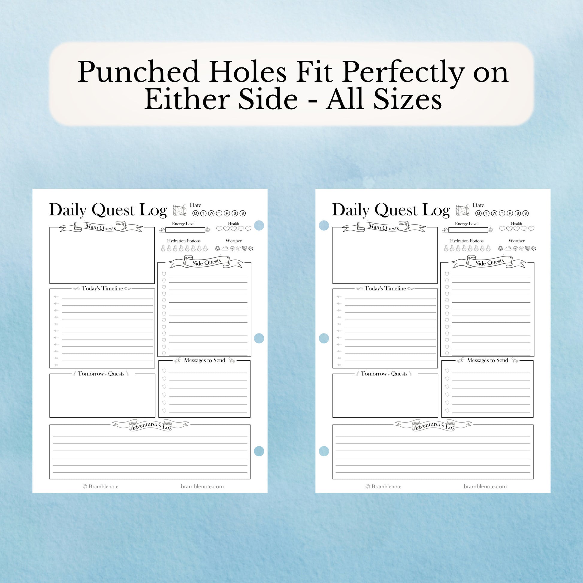 Two Daily Quest Log sheets with punched holes on a light blue background showing the margins allow for perfect hole punches on either side