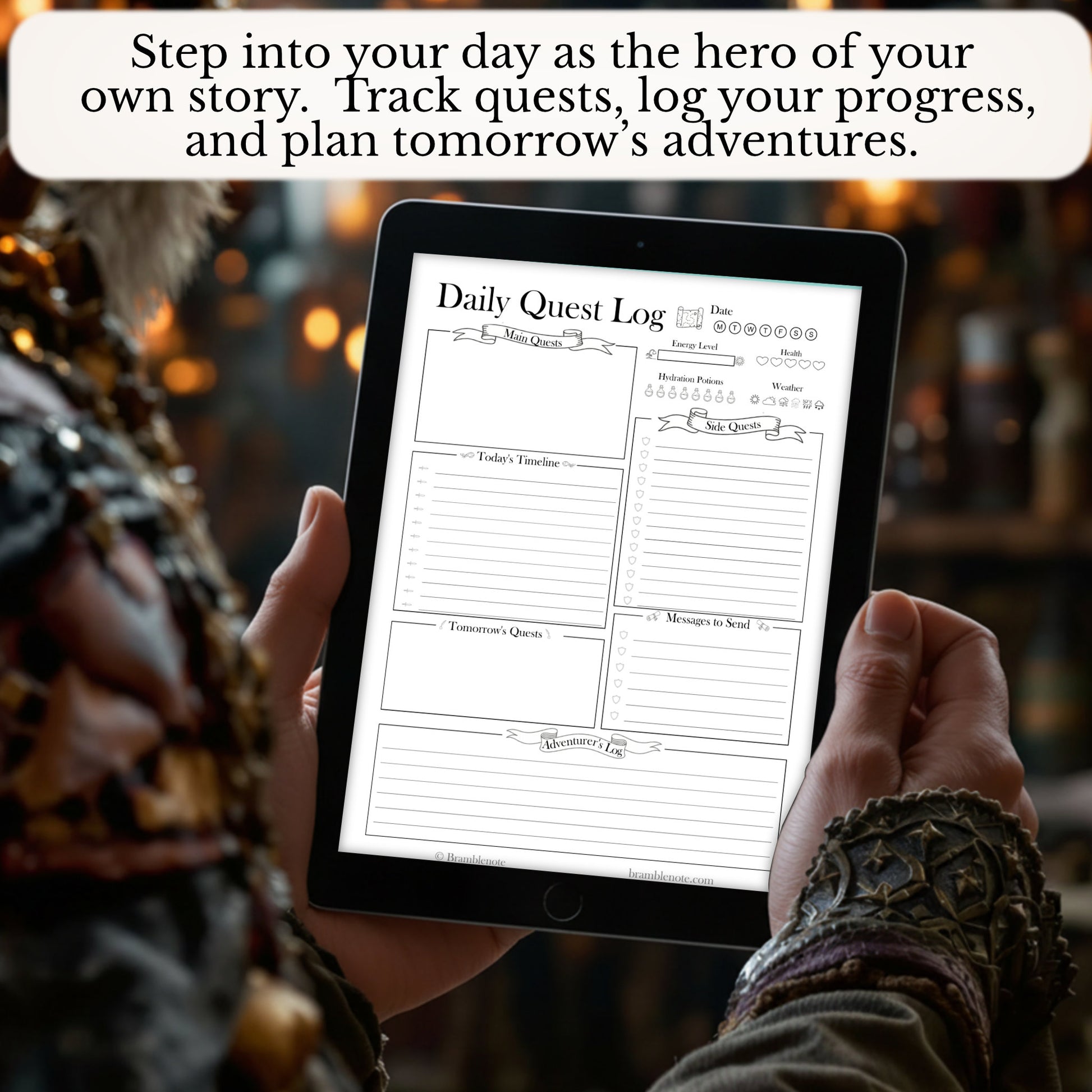A fantasy character holding a tablet with a 'Daily Quest Log' digital planner PDF on a blurred background