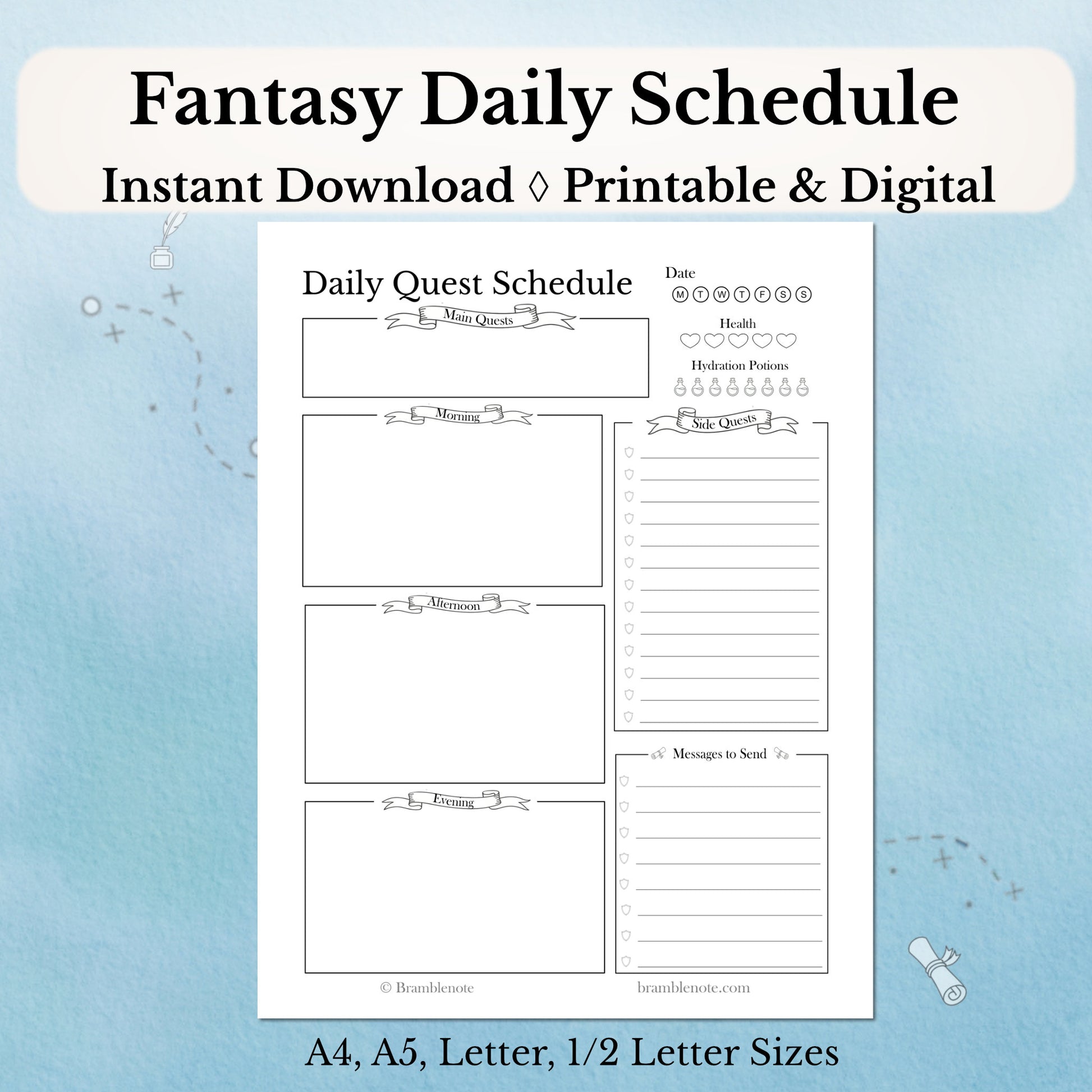 Fantasy Daily Schedule Digital and Printable Planner Page bundle with placeholders on a light blue background