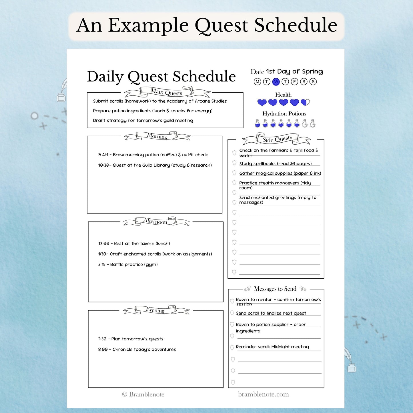 An example of the printable daily quest schedule planner in use.