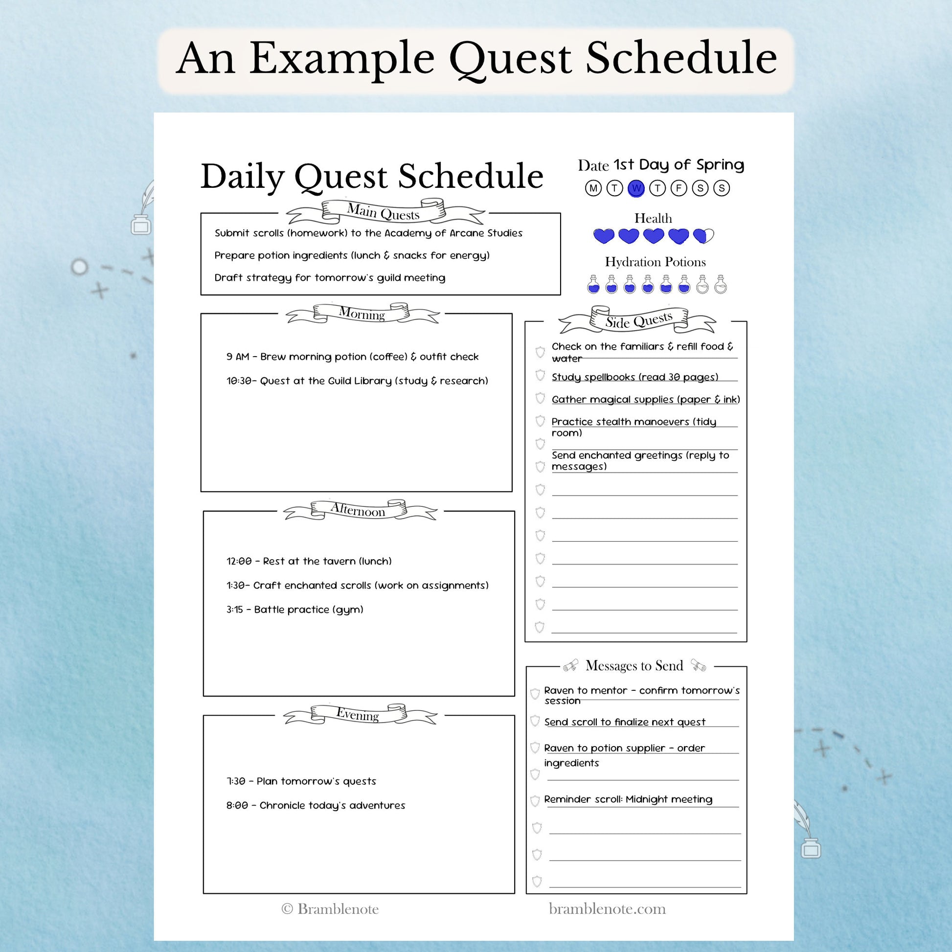 Example fantasy daily quest schedule planner page on a light blue background