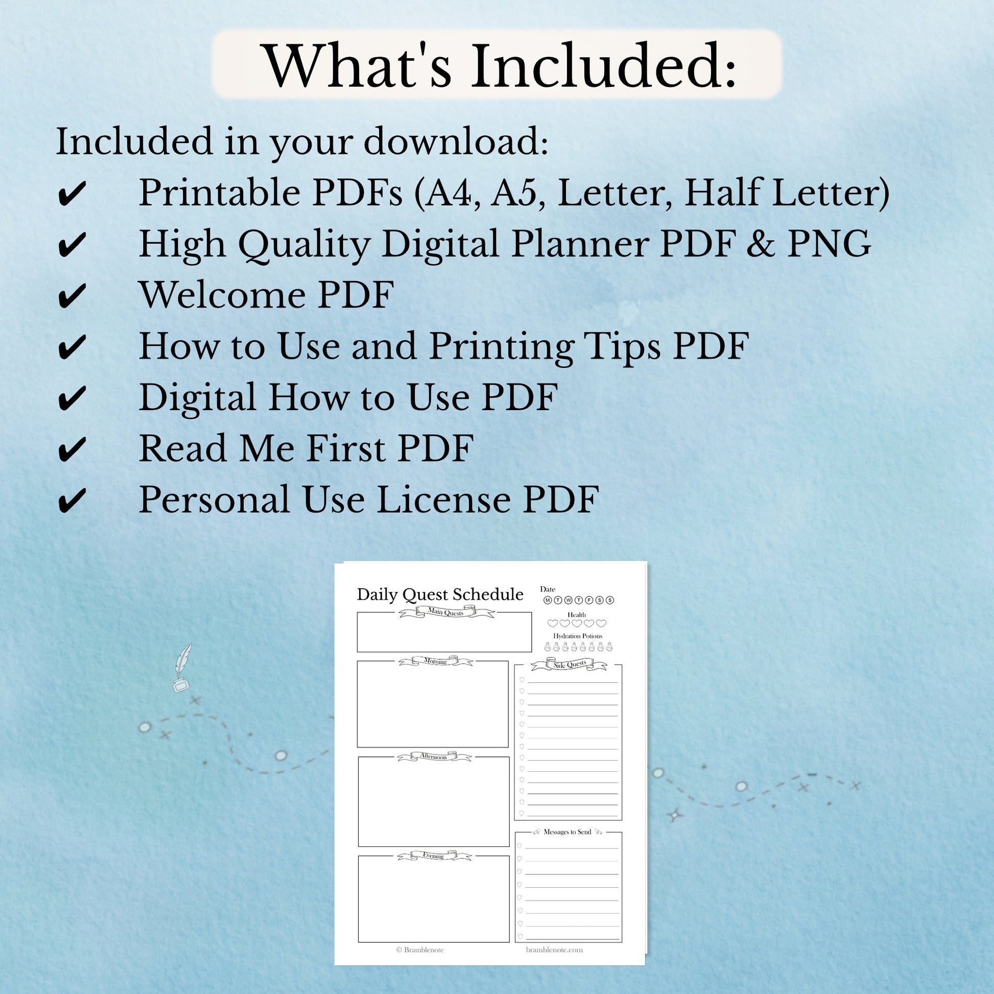 List of included items for fantasy digital and printable quest schedule planner  bundle download on a blue background with a sample schedule sheet.