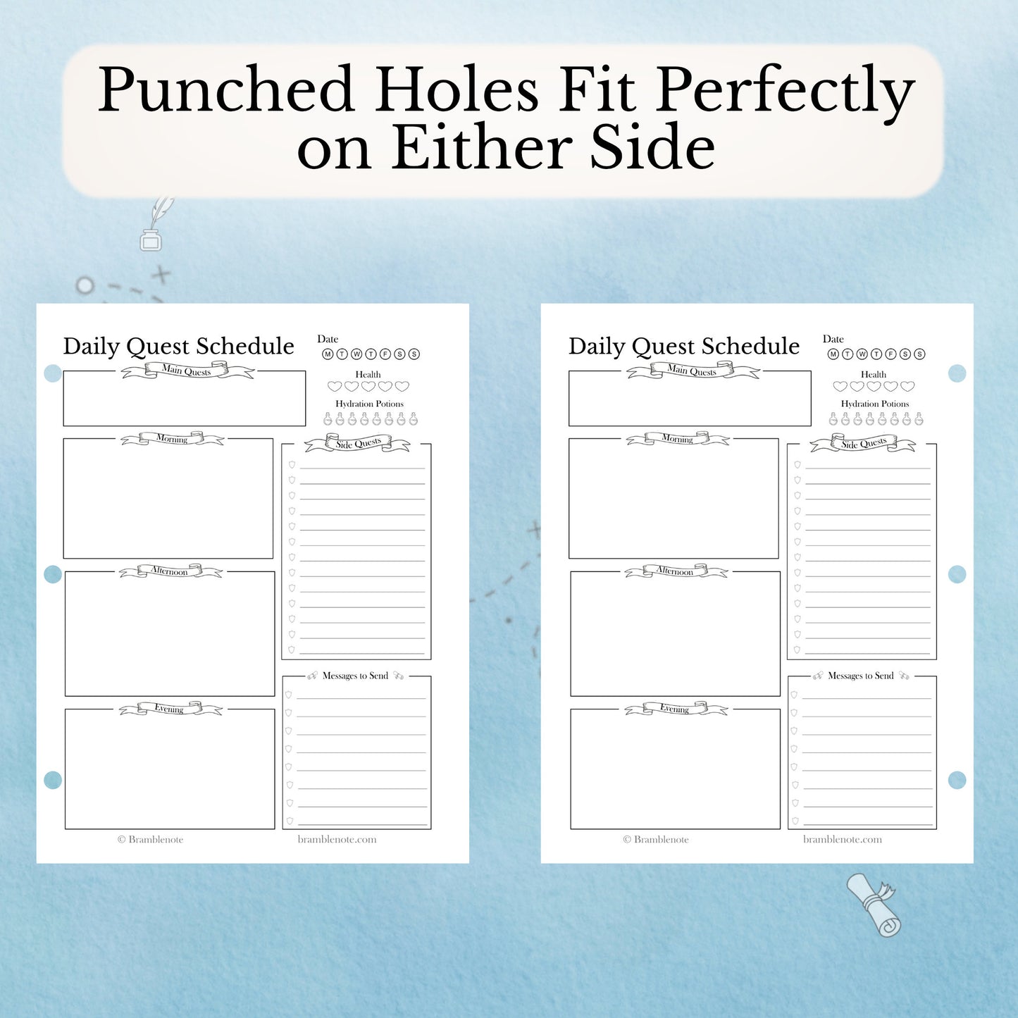 Two Fantasy Daily Quest Schedule planner pages with perfect margins for punched holes on a blue background