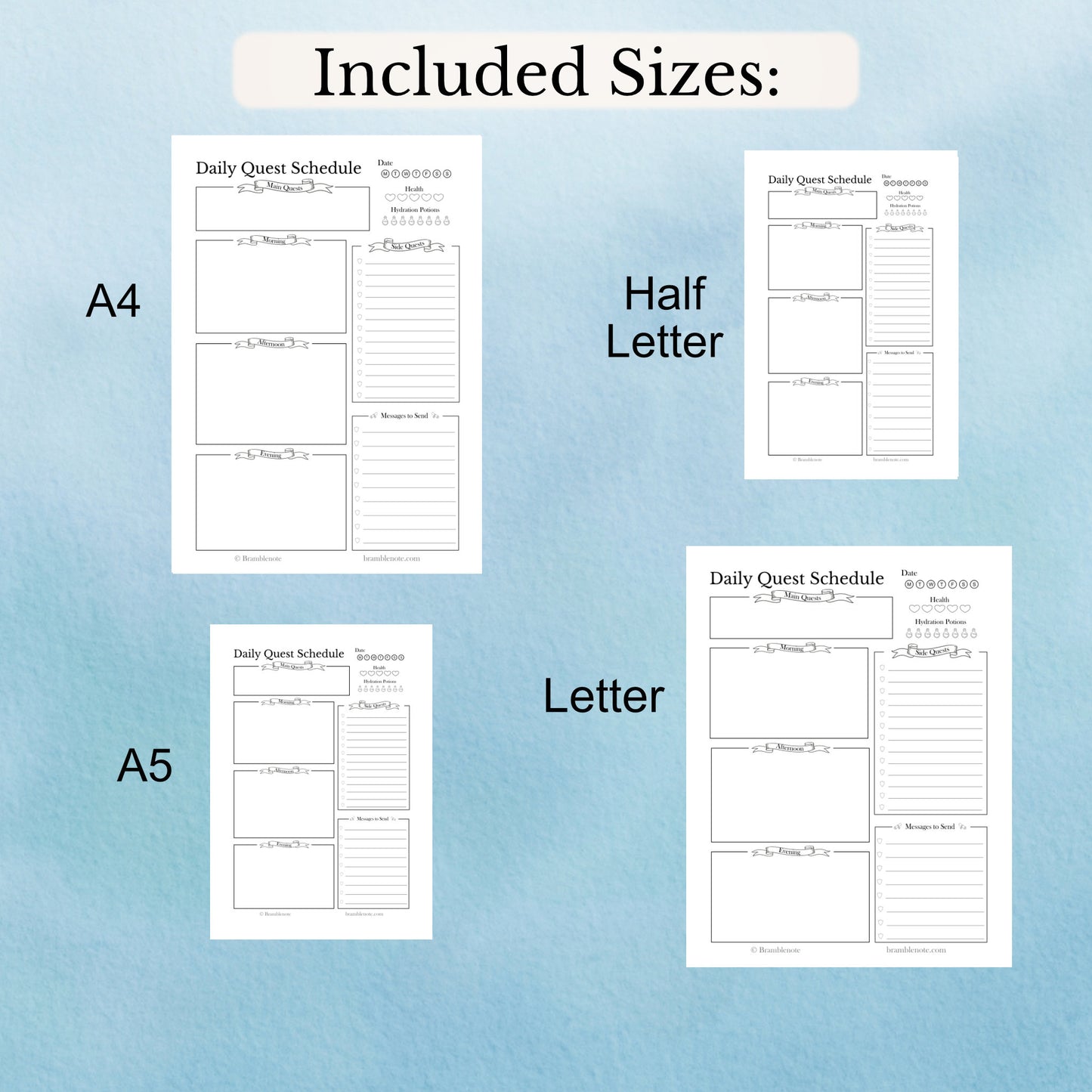The sizes included with the printable daily quest schedule fantasy planner