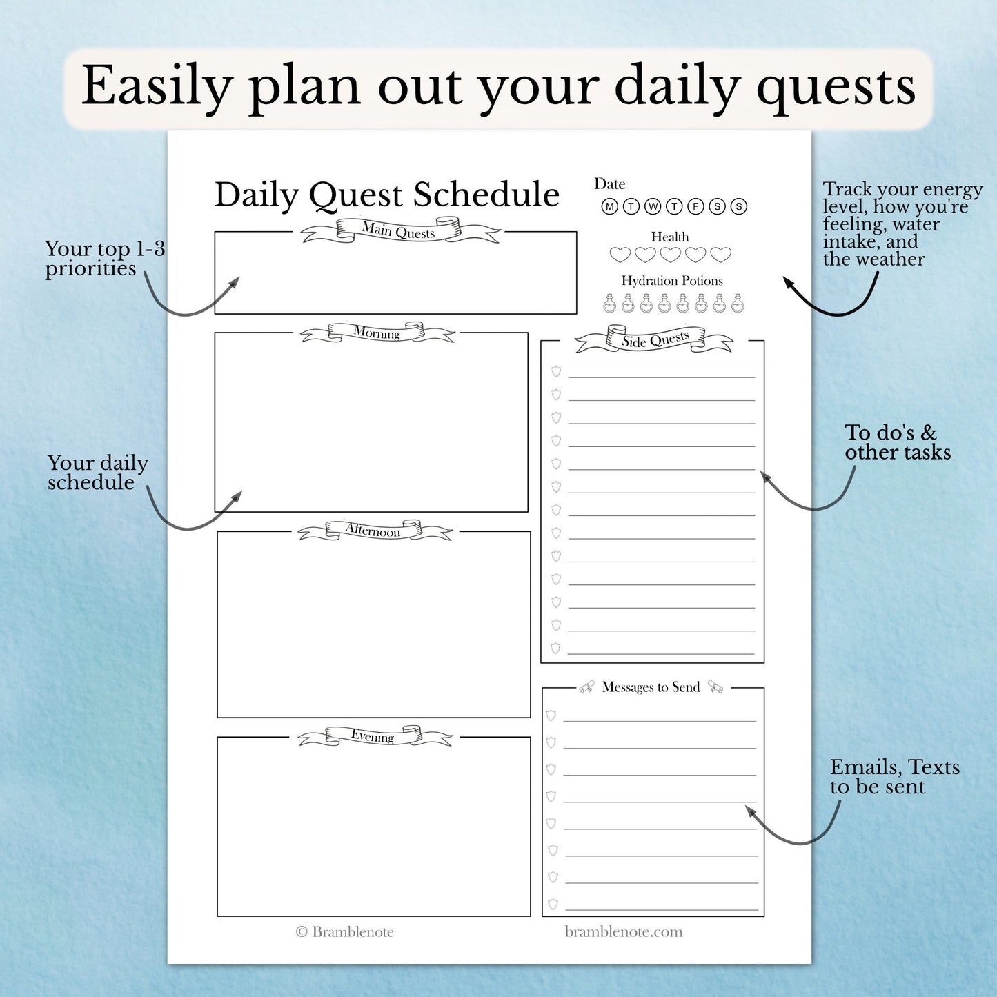 Fantasy Daily Quest Schedule planner with various sections on a light blue background