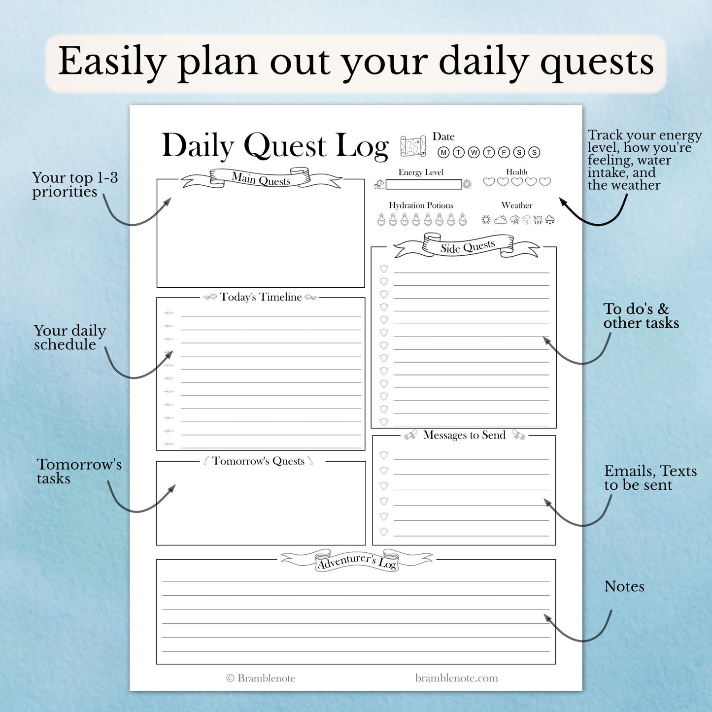 Daily Quest Log printable and digital planner sheet with various sections on a blue background