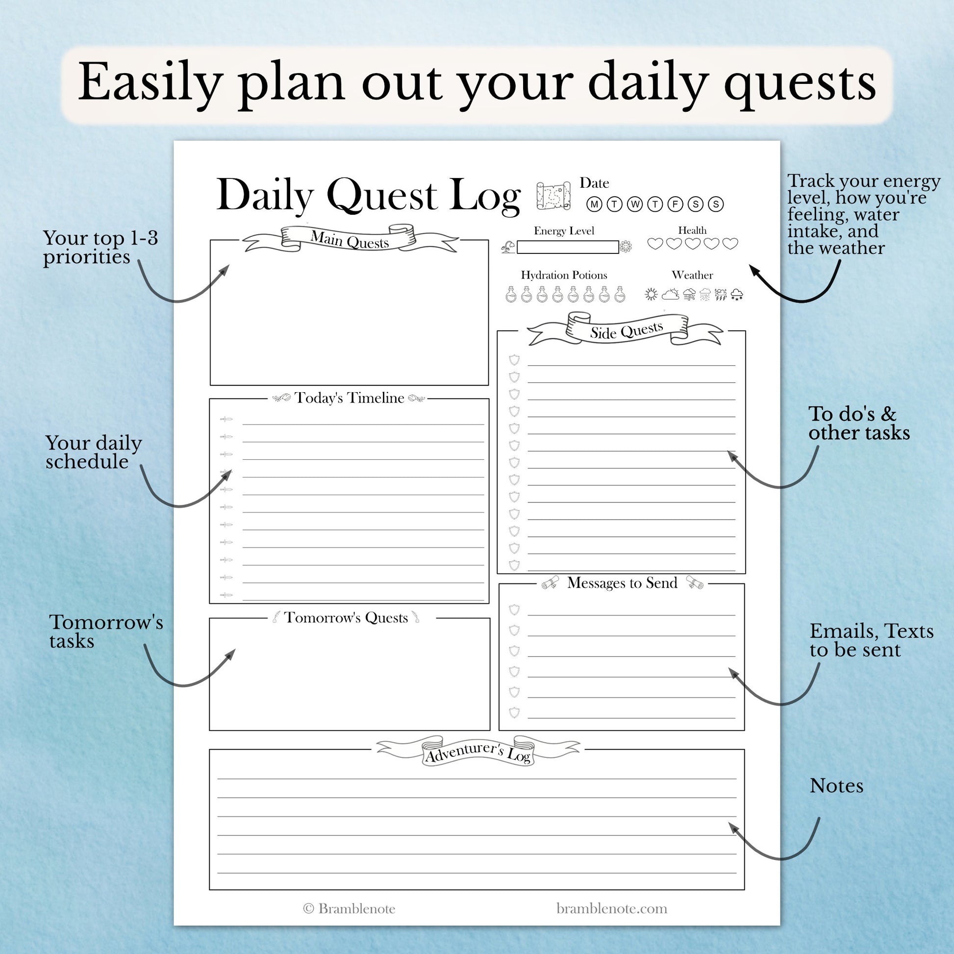 Daily Quest Log printable and digital planner sheet with various sections on a blue background