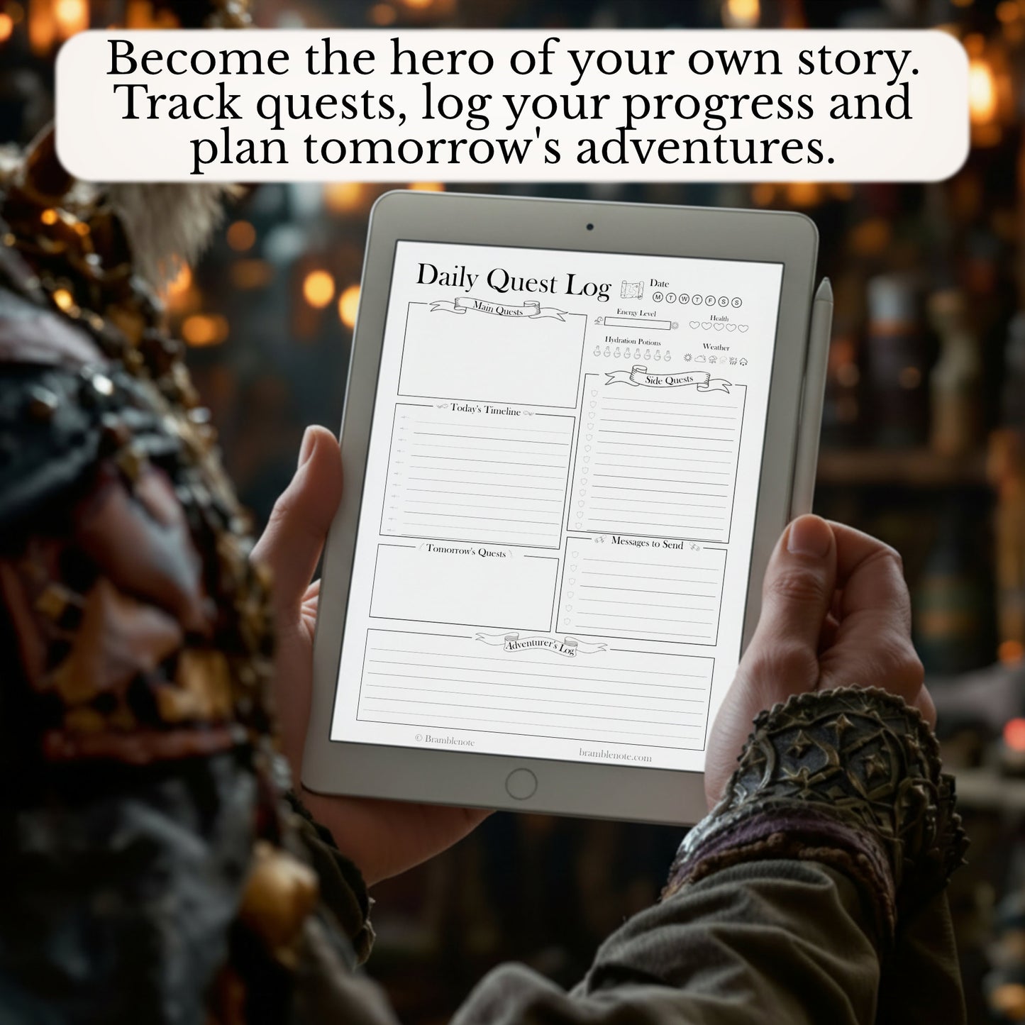 Fantasy character holding a reMarkable tablet with daily quest log digital planner template loaded on the screen.