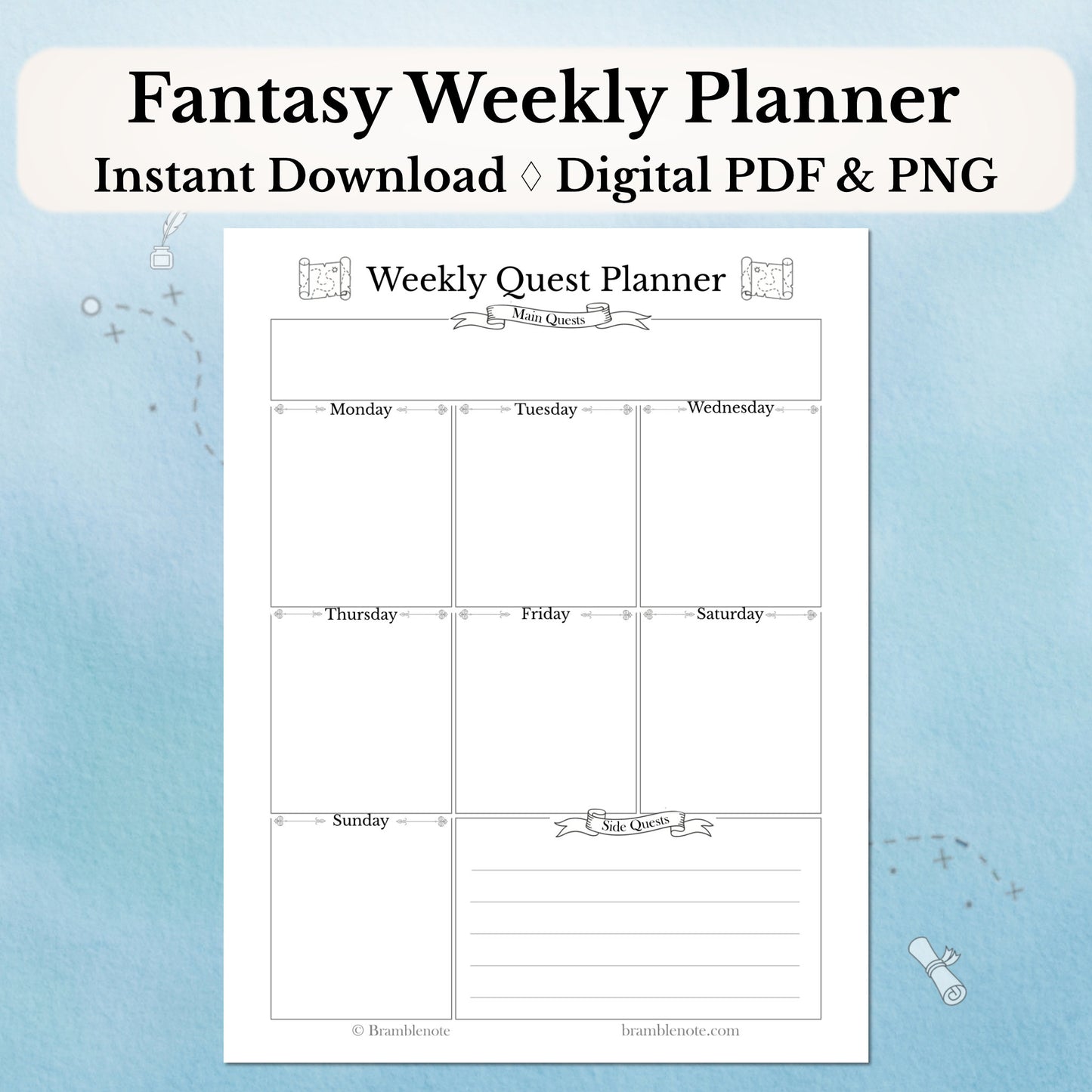 Fantasy Weekly Planner Digital PDF with weekly quest layout on a light blue background