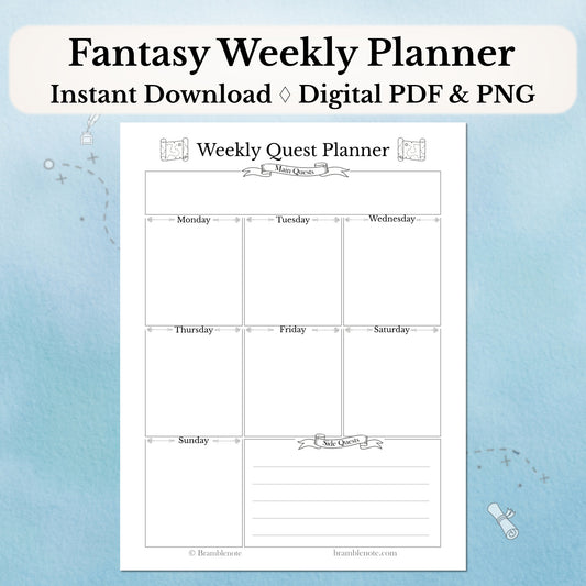 Fantasy Weekly Planner Digital PDF with weekly quest layout on a light blue background