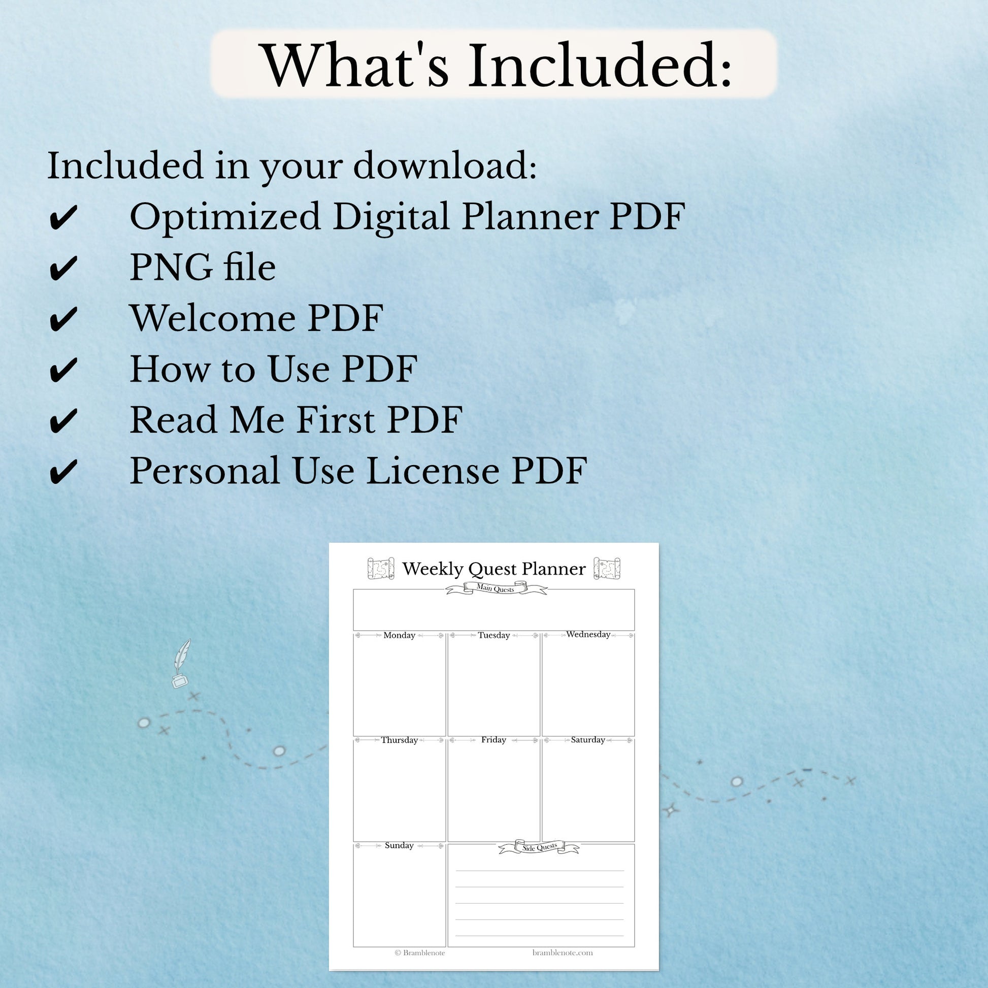 List of included items for a digital fantasy weekly planner download on a blue background with a sample planner page.