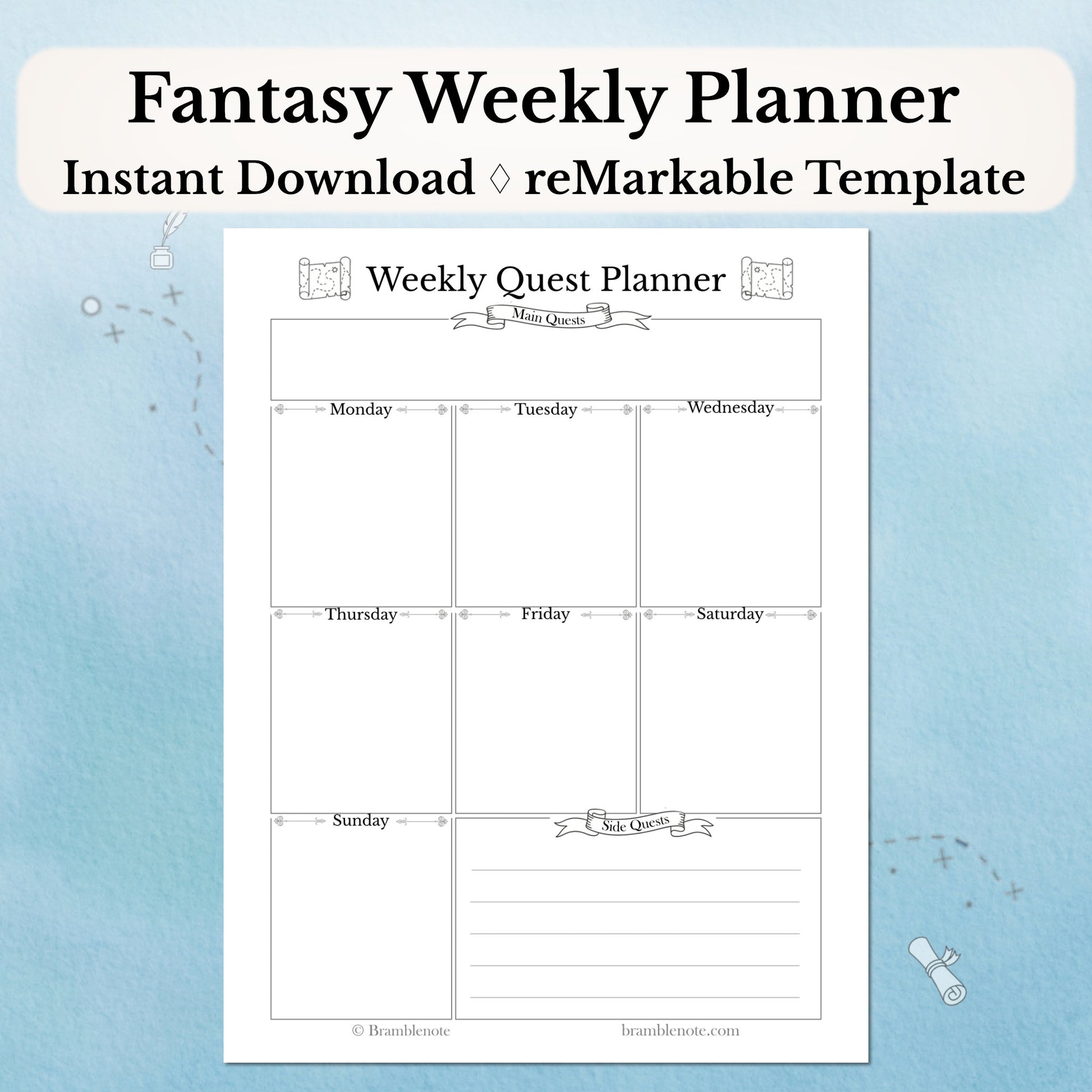 Fantasy Weekly Planner template for reMarkable tablets on a light blue background with text indicating instant download