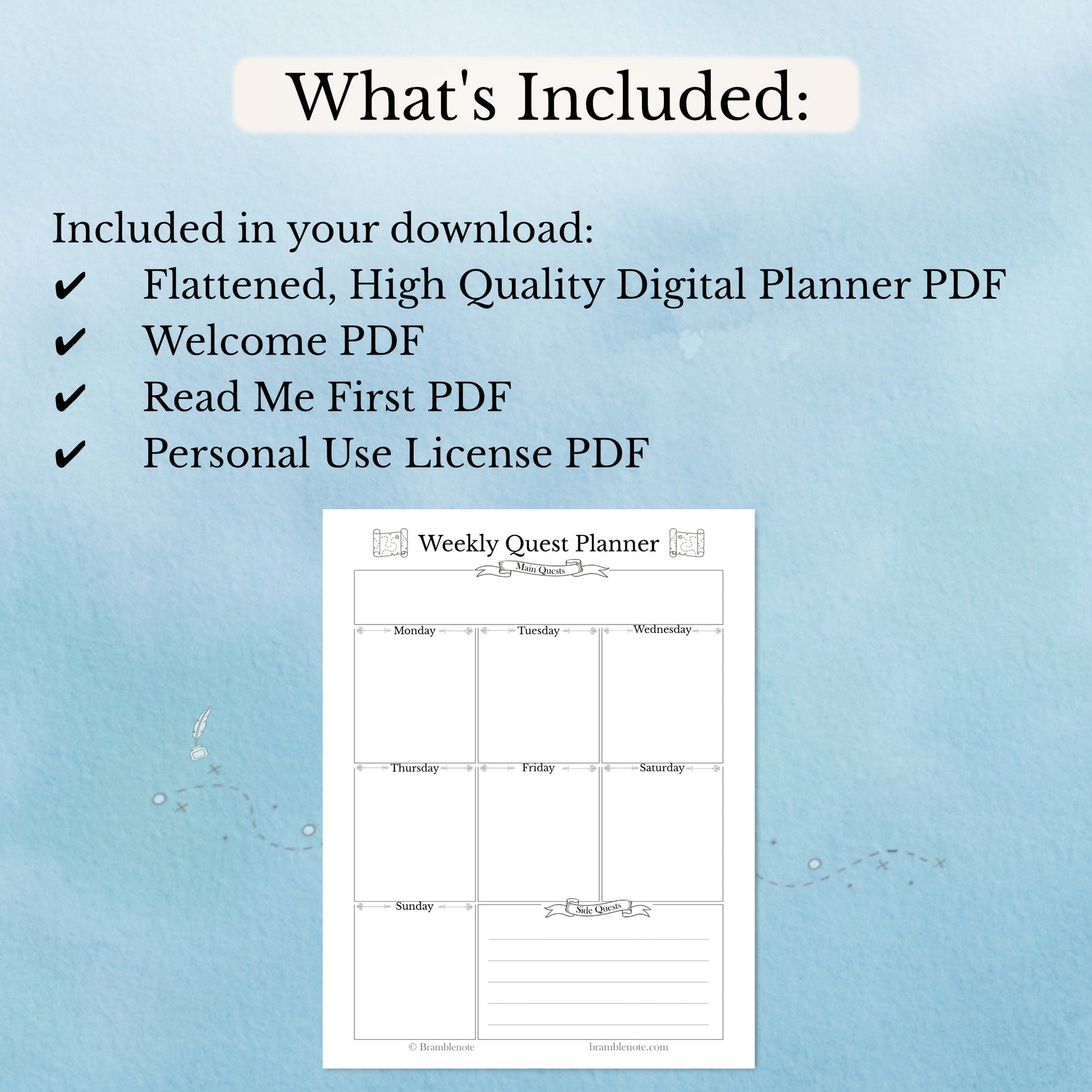 What's included inside the Weekly quest planner PDF on a blue background with text listing included items.