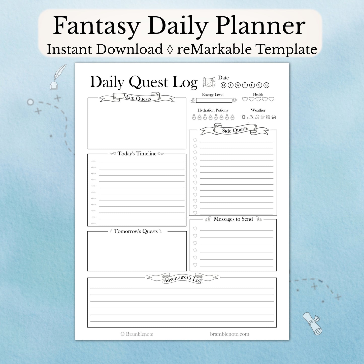 Fantasy digital planner template for reMarkable on light blue background.  Instant Download