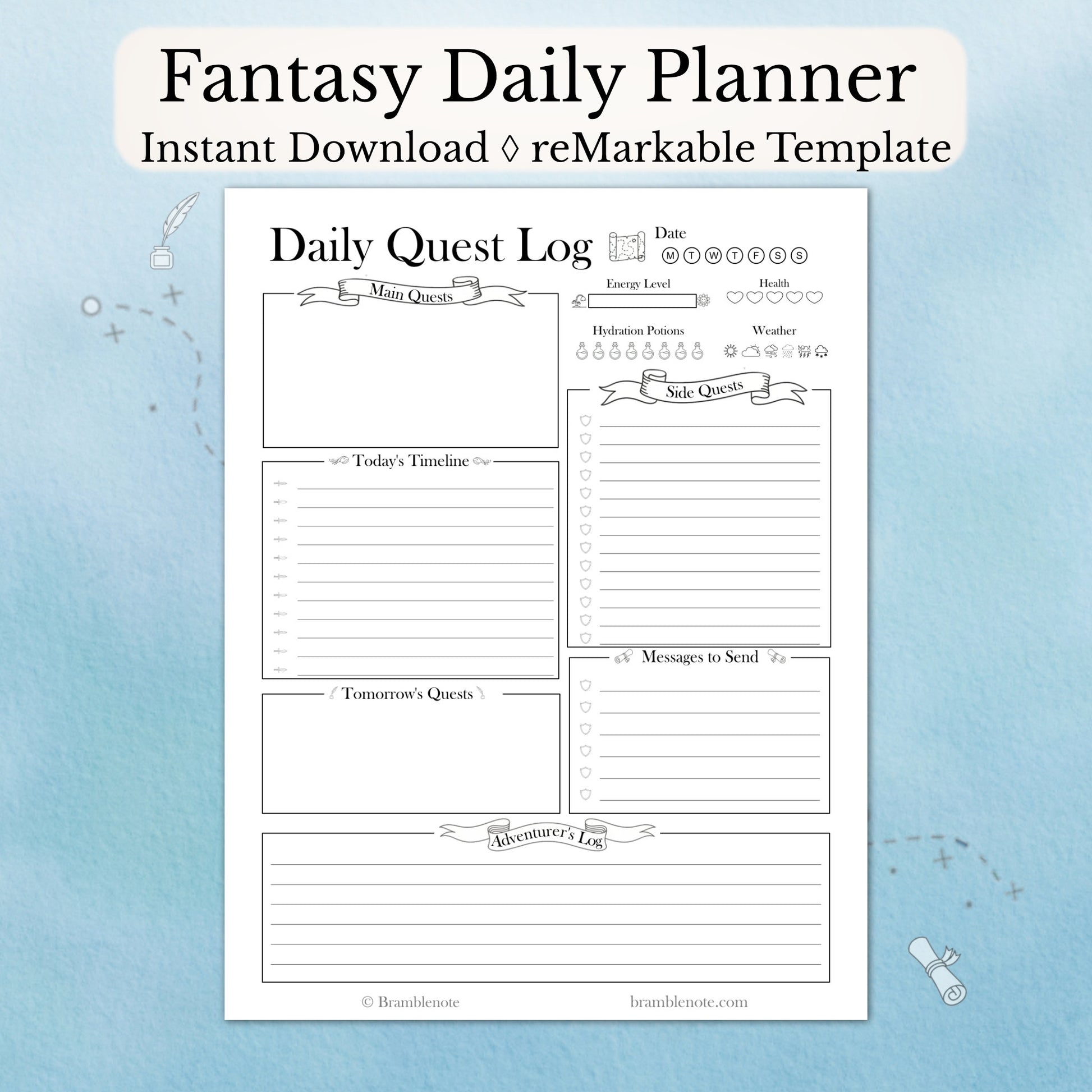 Fantasy digital planner template for reMarkable on light blue background.  Instant Download
