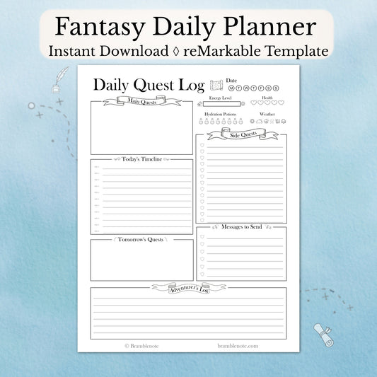 Fantasy digital planner template for reMarkable on light blue background.  Instant Download