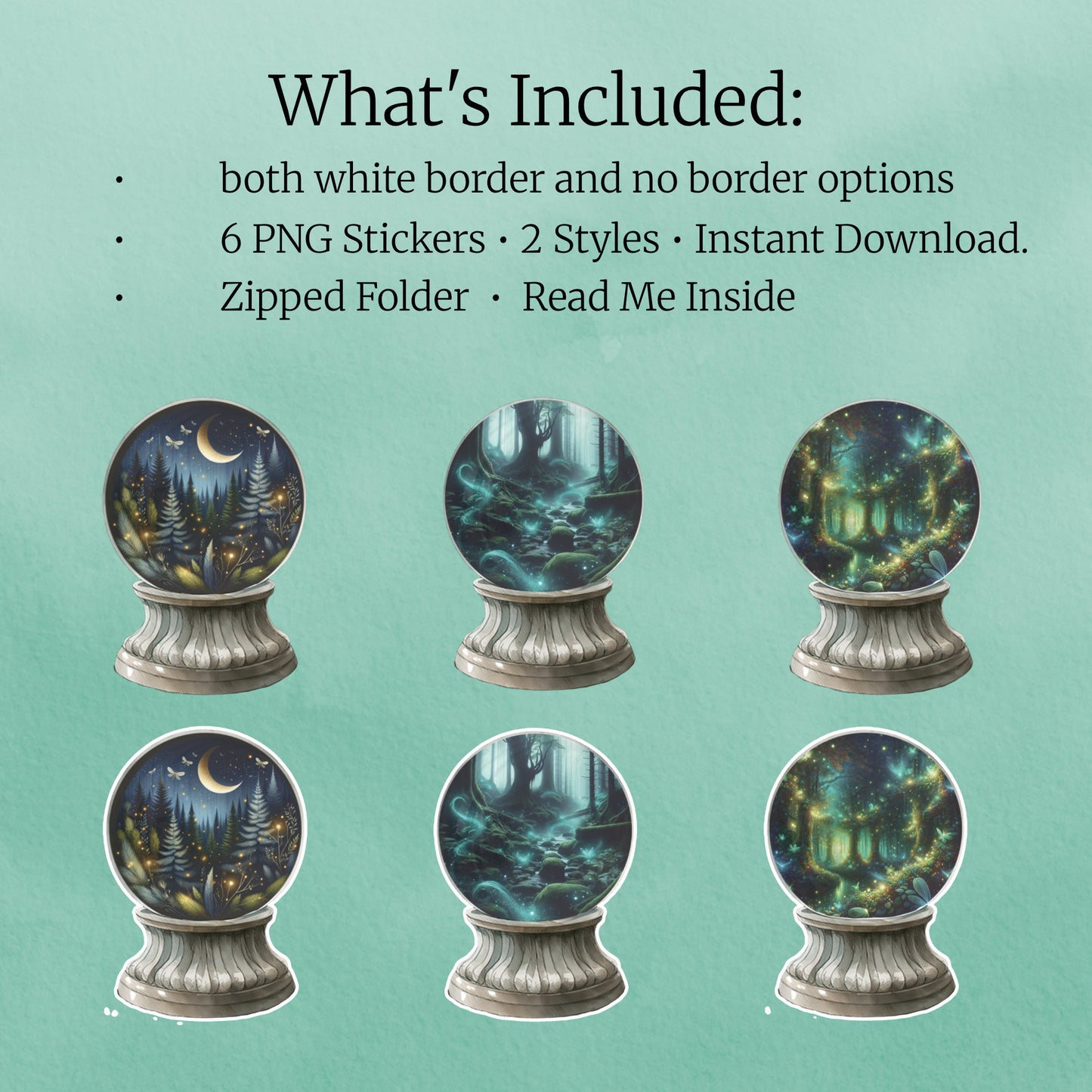 Digital sticker designs of a fantasy landscape crystal balls on a teal background. 
