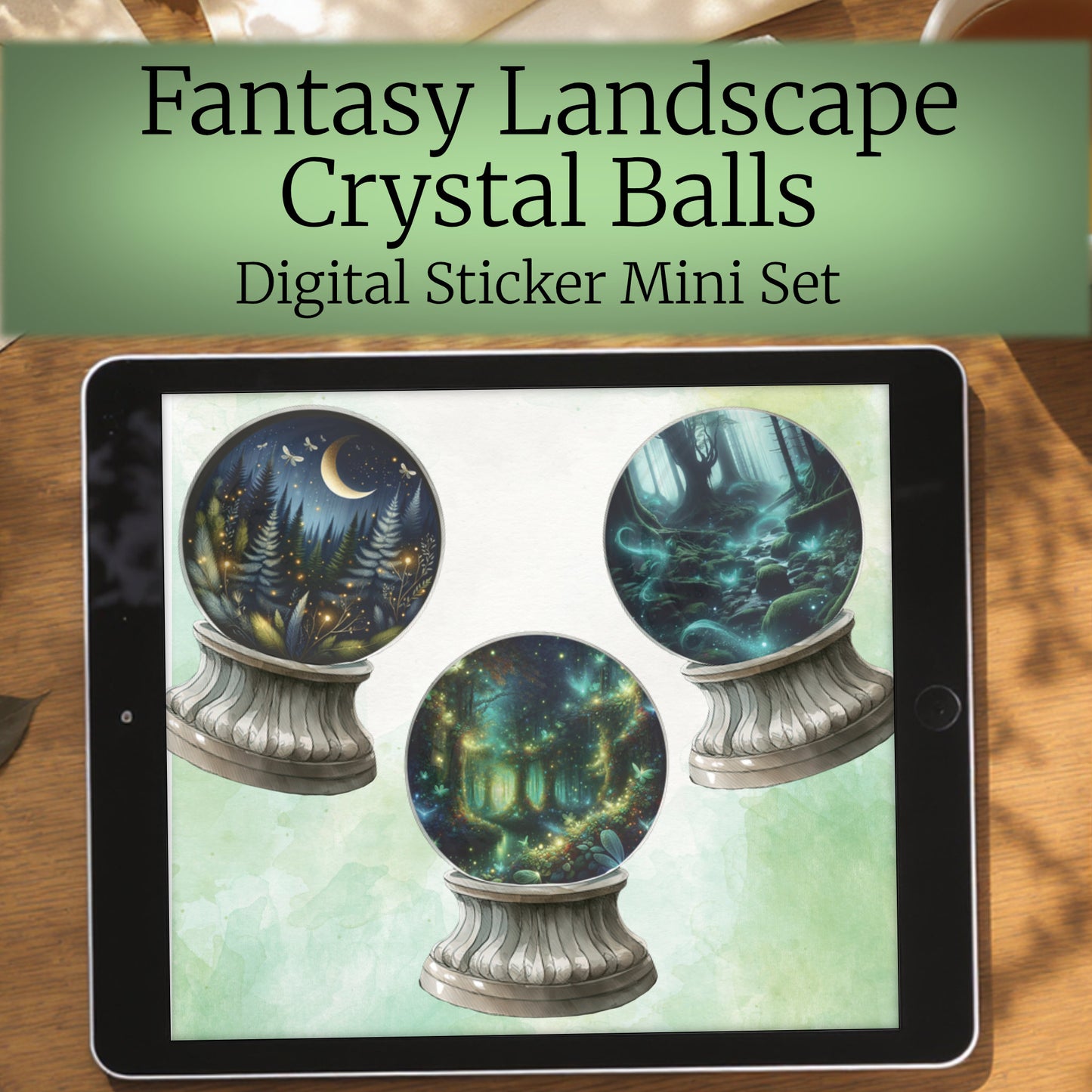 Digital sticker mini set of fantasy landscape crystal balls displayed on a tablet screen.