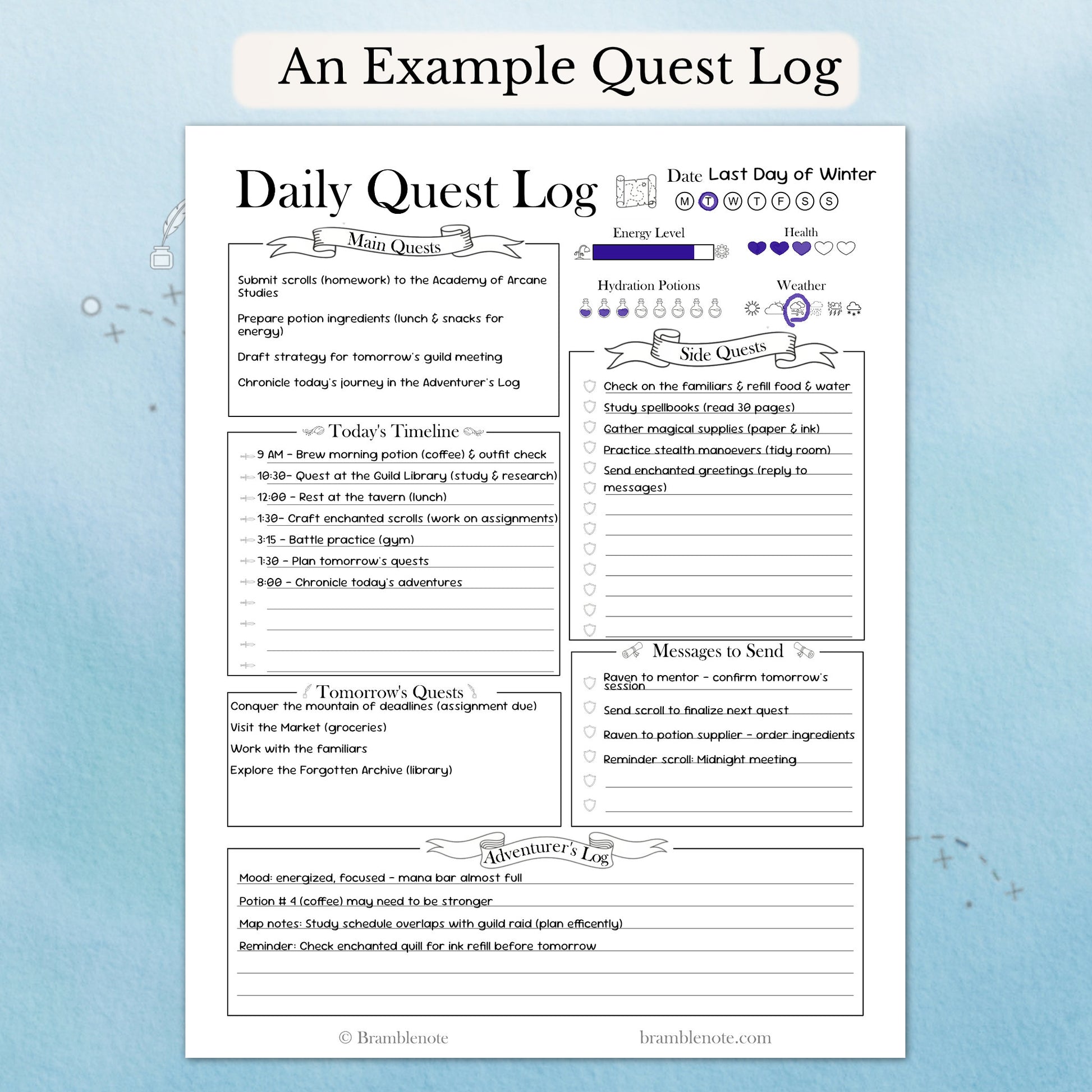 An example daily quest log fantasy planner on a light blue background.