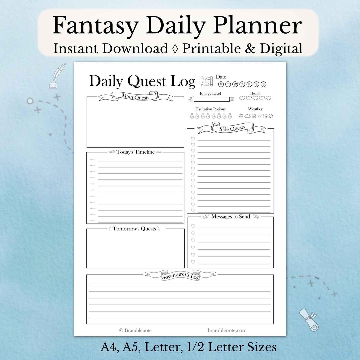 Printable and Digital Fantasy Daily Planner on a blue background.