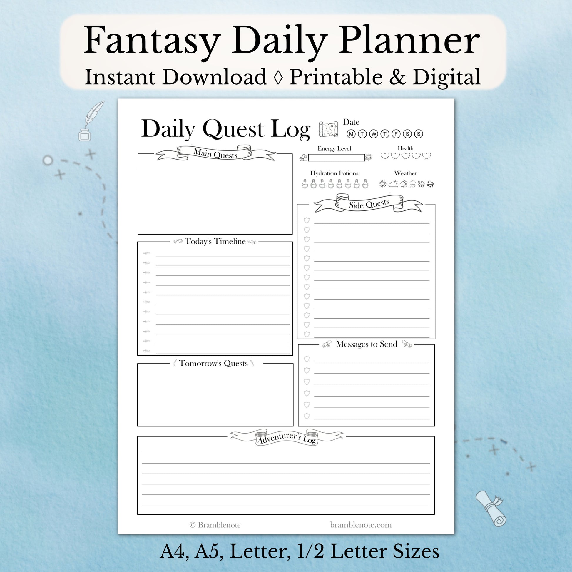 Printable and Digital Fantasy Daily Planner on a blue background.